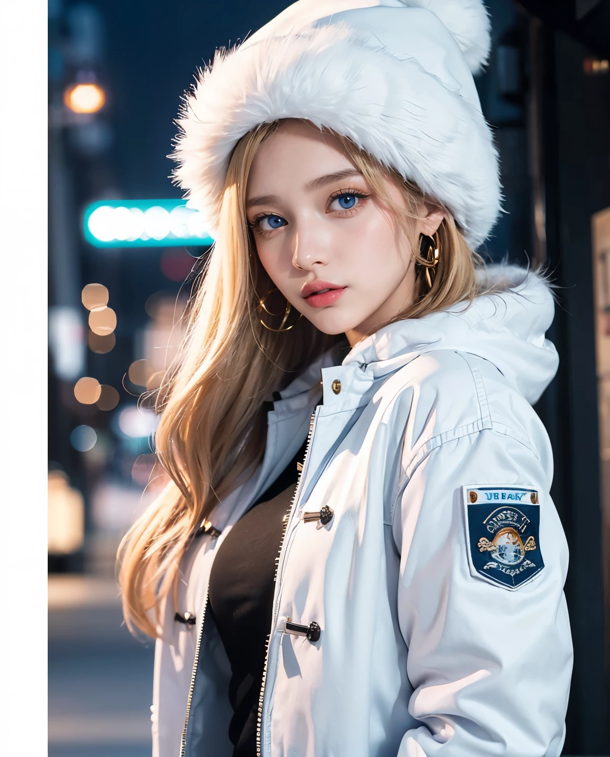 1girl, (Blue Eyes), (happy :1.2), (closed white furry jacket :1.3), (beautiful makeup :1.2), (Sana Minatozaki), wide hips, big ass, (Best Quality, 8k, Masterpiece: 1.3), Clear Focus: 1.2, Perfect Body Beauty: 1.4, Highly detailed face and skin texture, detailed eyes, double eyelids, red lips, (blond long hair), closeup of face :1.3, jeans, golden earrings, winter hat, portrait, standing, dynamic pose, in the Shibuya neighborhood of Japan at night, snowy night