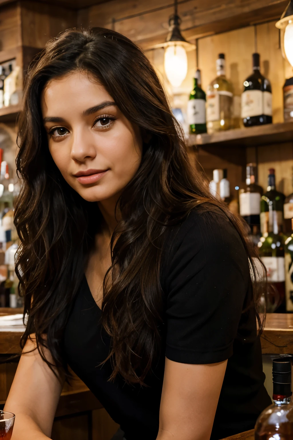 woman, 26 years old, brunette, long wavy black hair, brown eyes, Mediterranean Italian, serius face, friendly, mature, in winter, at the bar