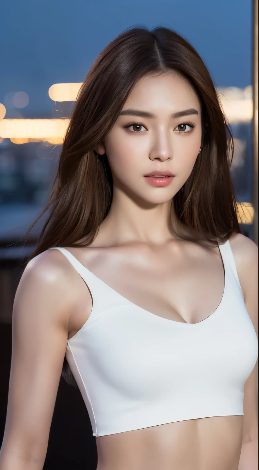 ((realistic lighting, highest quality, 8k, masterpiece: 1.3)), clear focus: 1.2, 1 girl, perfect figure: 1.4, slim abs: 1.1, ((dark brown hair)), (white crop top: 1.4), (outdoors, night: 1.1), cityscape, super detailed face, fine eyes, double eyelid,