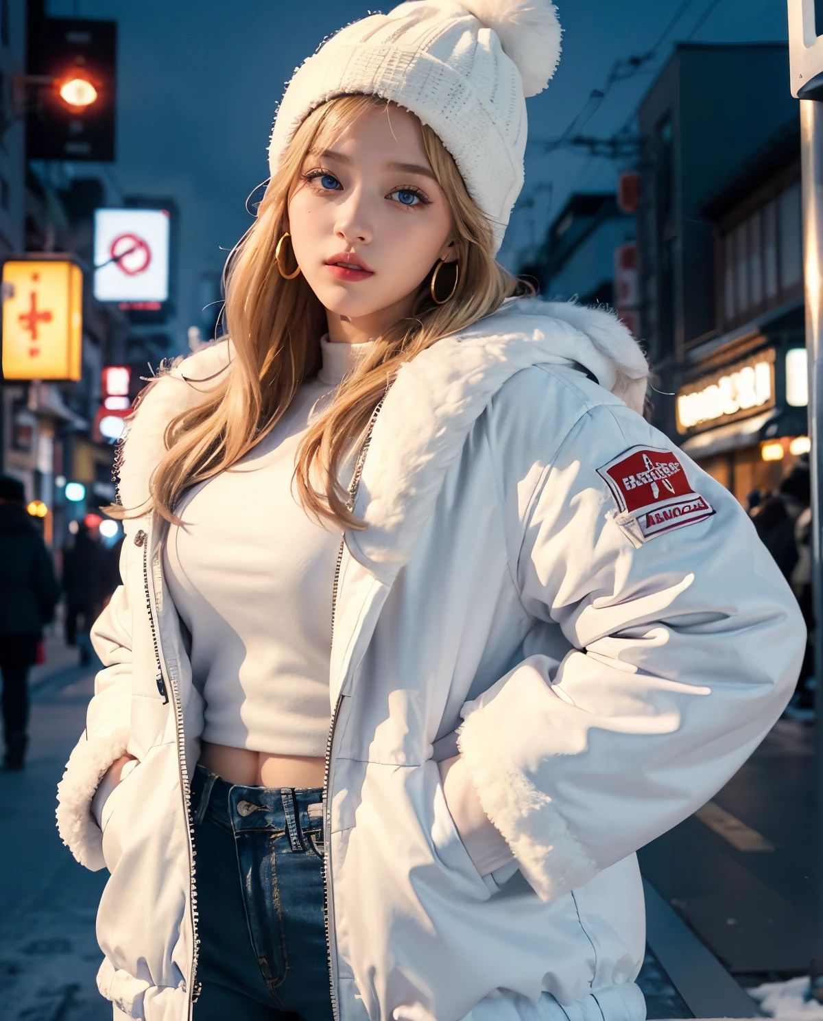 1girl, (Blue Eyes), (happy :1.2), (closed white furry jacket :1.3), (beautiful makeup :1.2), (Sana Minatozaki), wide hips, big ass, (Best Quality, 8k, Masterpiece: 1.3), Clear Focus: 1.2, Perfect Body Beauty: 1.4, Highly detailed face and skin texture, detailed eyes, double eyelids, red lips, (blond long hair), closeup of face :1.3, jeans, golden earrings, winter hat, portrait, standing, dynamic pose, in the Shibuya neighborhood of Japan at night, snowy night