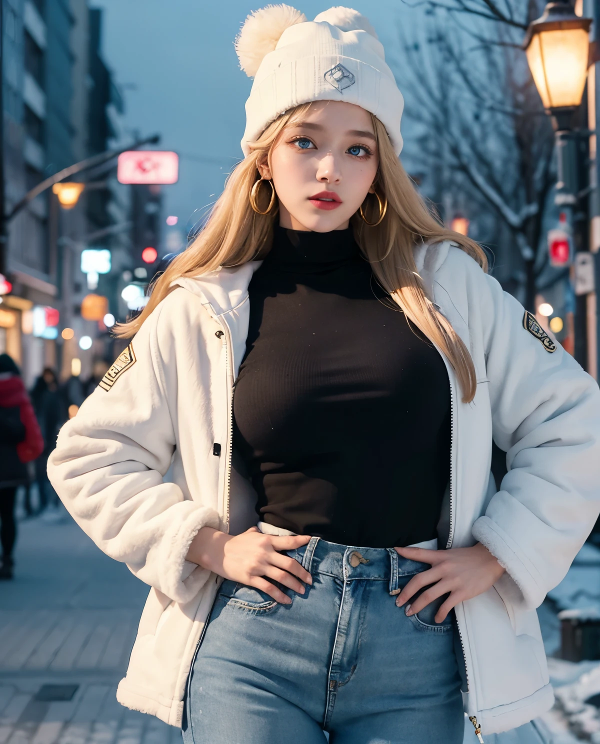 1girl, (Blue Eyes), (happy :1.2), (closed white furry jacket :1.3), (beautiful makeup :1.2), (Sana Minatozaki), wide hips, big ass, (Best Quality, 8k, Masterpiece: 1.3), Clear Focus: 1.2, Perfect Body Beauty: 1.4, Highly detailed face and skin texture, detailed eyes, double eyelids, red lips, (blond long hair), closeup of face :1.3, jeans, golden earrings, winter hat, portrait, standing, dynamic pose, in the Shibuya neighborhood of Japan at night, snowy night