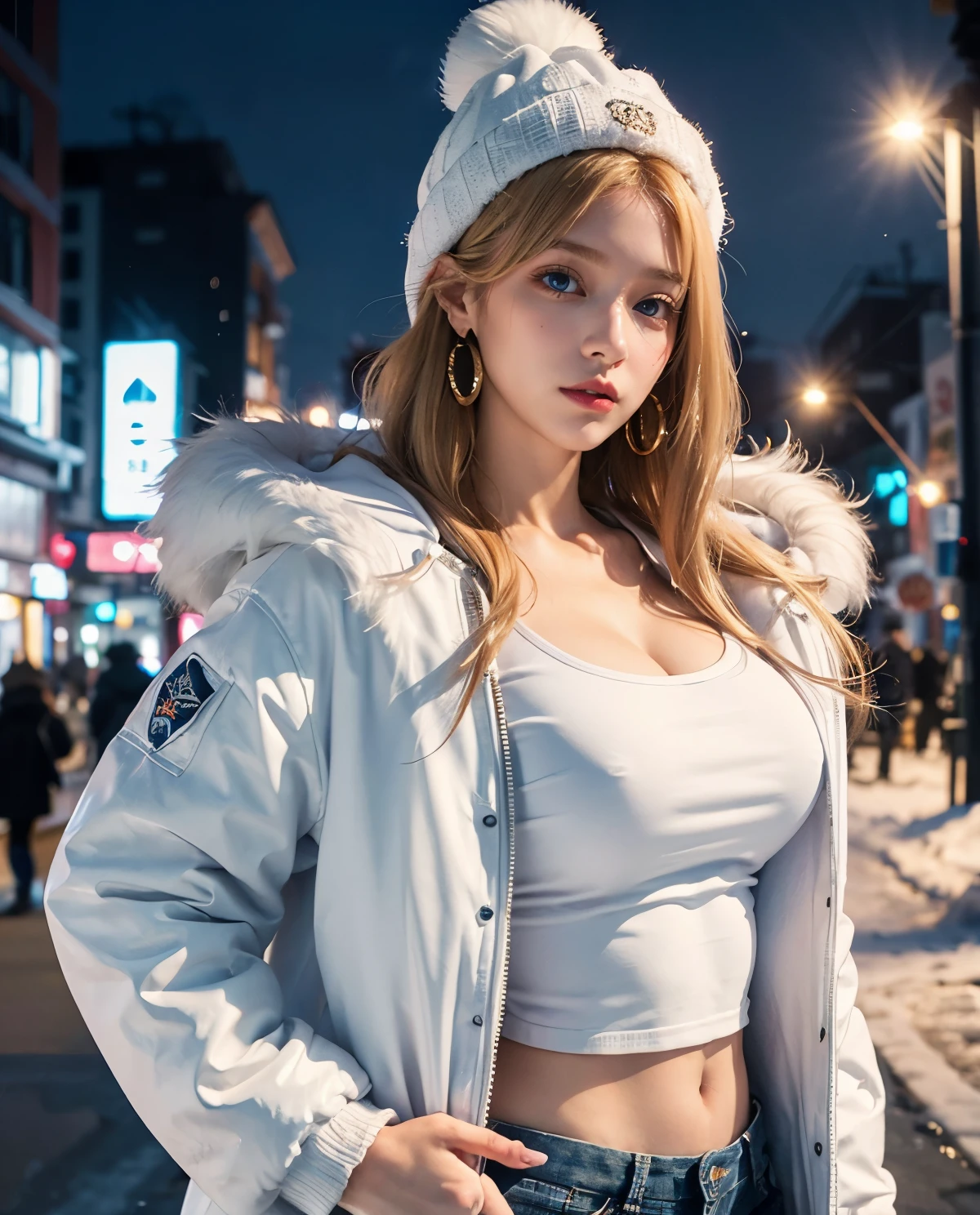 1girl, (Blue Eyes), (happy :1.2), (closed white furry jacket :1.3), (beautiful makeup :1.2), (Sana Minatozaki), wide hips, big tits, big ass, (Best Quality, 8k, Masterpiece: 1.3), Clear Focus: 1.2, Perfect Body Beauty: 1.4, Highly detailed face and skin texture, detailed eyes, double eyelids, red lips, (blond long hair), jeans, golden earrings, winter hat, portrait, standing, dynamic pose, in the Shibuya neighborhood of Japan at night, snowy night