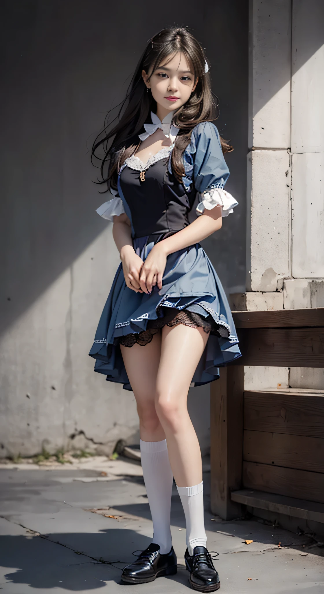 {highest quality}, {masterpiece, 超A high resolution}, (Photoreal:1.4), {{RAW photo}}, {{{A 16-year-old Lolita-like woman poses with her skirt pulled up and one leg raised...:smile:(detailed eye:double}}, , {Alice Blue Dress, White socks and black shoes}, {white background}