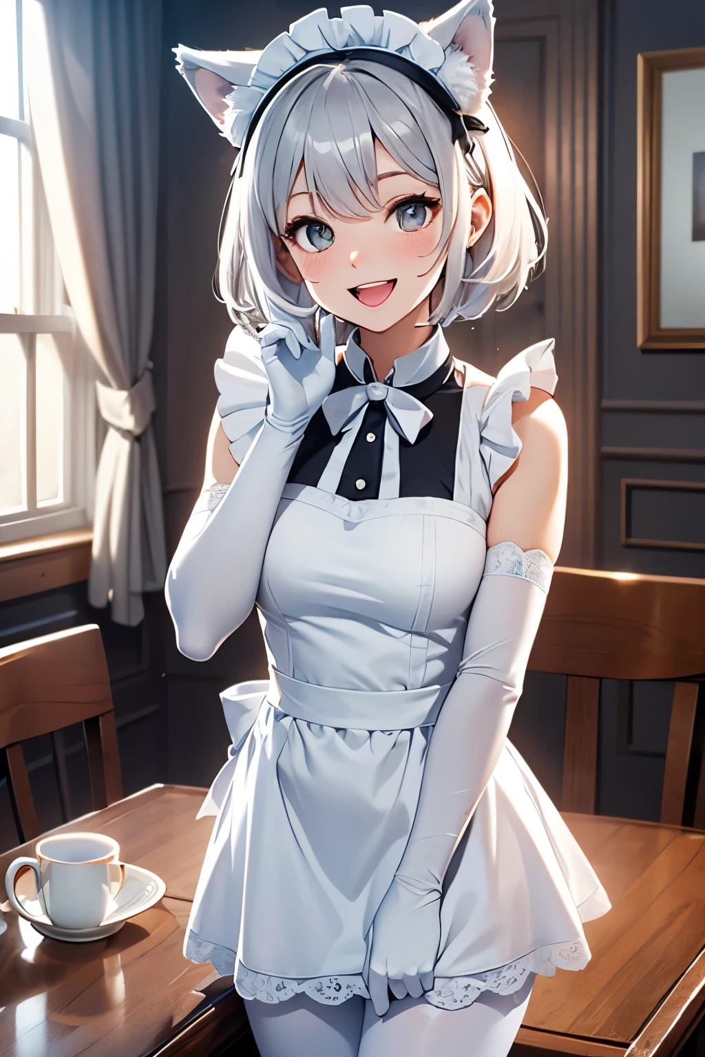 table top High level image quality best image quality 8K adult woman portrait white long gloves(elbow gloves) white pantyhose Maid clothes without sleeves(leotard) white wolf ears short hair((shortcut)(pure white hair)(perm)(fluffy)) eye color is blue attractive face((laughter)(smile)(open your mouth)) beautiful feet Are standing on the bed