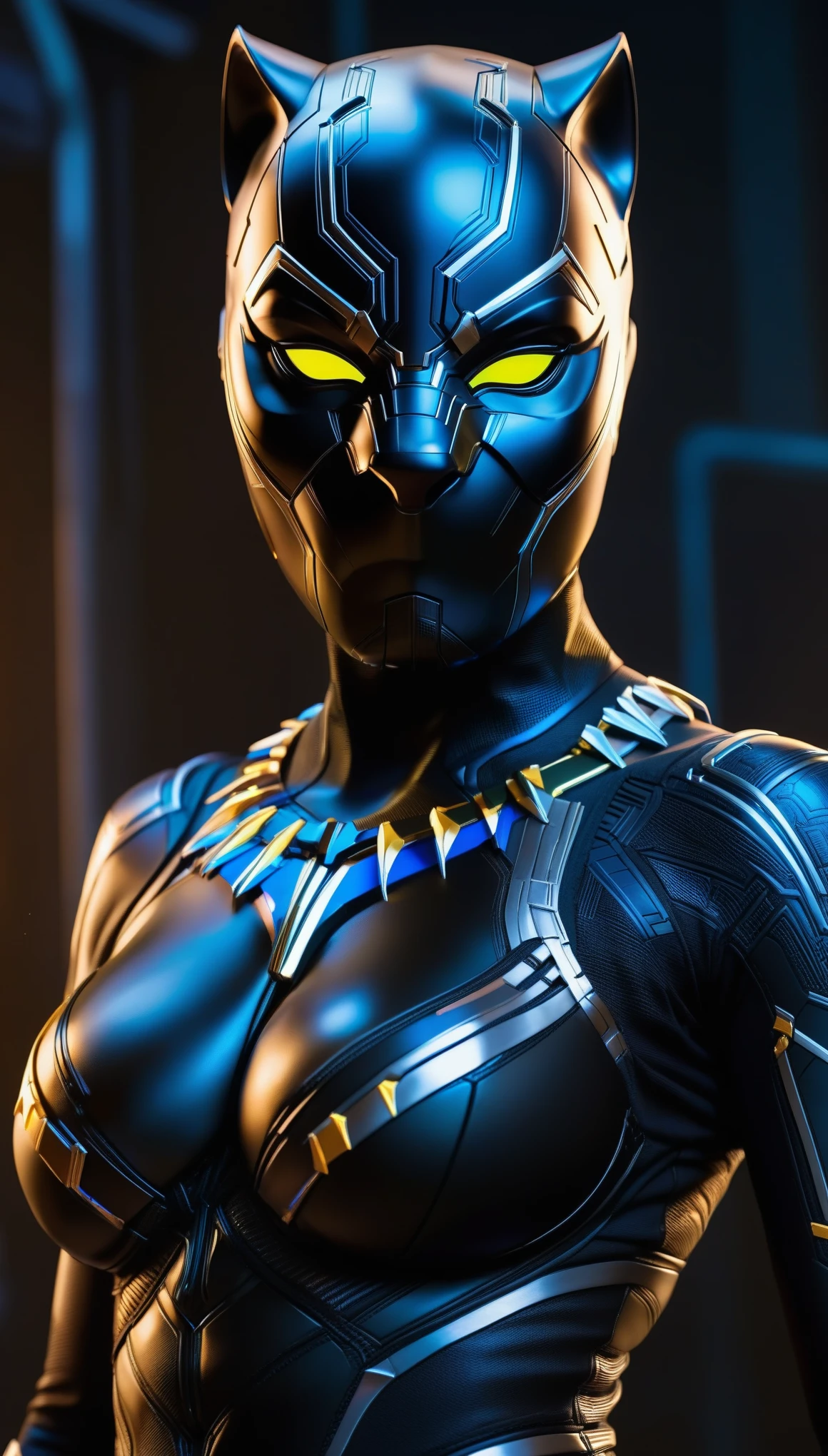 ((Marvel's Black Panther costume, based on the costumes from the Marvel films, very detailed and vivid costume)), (masterpiece), (ultra detailed), cinematic, (8k resolution, ultra realistic, ultra hd), (extremely detailed and technological), certain parts of the costume are illuminated with energy, Abstract expressionism painting "Hyperion", colorful image, neon. (Sexy Black Panther Goddess, technological armor, Cybernetic, micro swimsuit armor showing the pussy, tucked in, stuck in the ass), epic technological image, epic posture, legendary, crouched posture like a cat, flexible body, sexy spread legs. dark environment, art in Africa, digital painting, conceptual art portrait of the character, (sexy female body with curves, tall and thin super model body, (She is a super heroine who hides her identity), wearing a black panther mask, the costume has saber tooth rushes, sharp panther claws), glowing robotic eyes, neon eyes, Cybernetic, gold details, metallic. ((her cleavage is impressive, very open, (extremely long and beautiful natural breasts, large, breasts popping out of the cleavage, long nipples showing), (Get close to emphasize the beautiful cleavage, close-up on the hanging natural breasts, breasts showing)), close-up, pay close attention to the entire black panther costume, hot panther protruding, sexiest of all, hentai, naughty. I want black panther costume and mask Super detailed cybernetic, brilliant details on the costume.