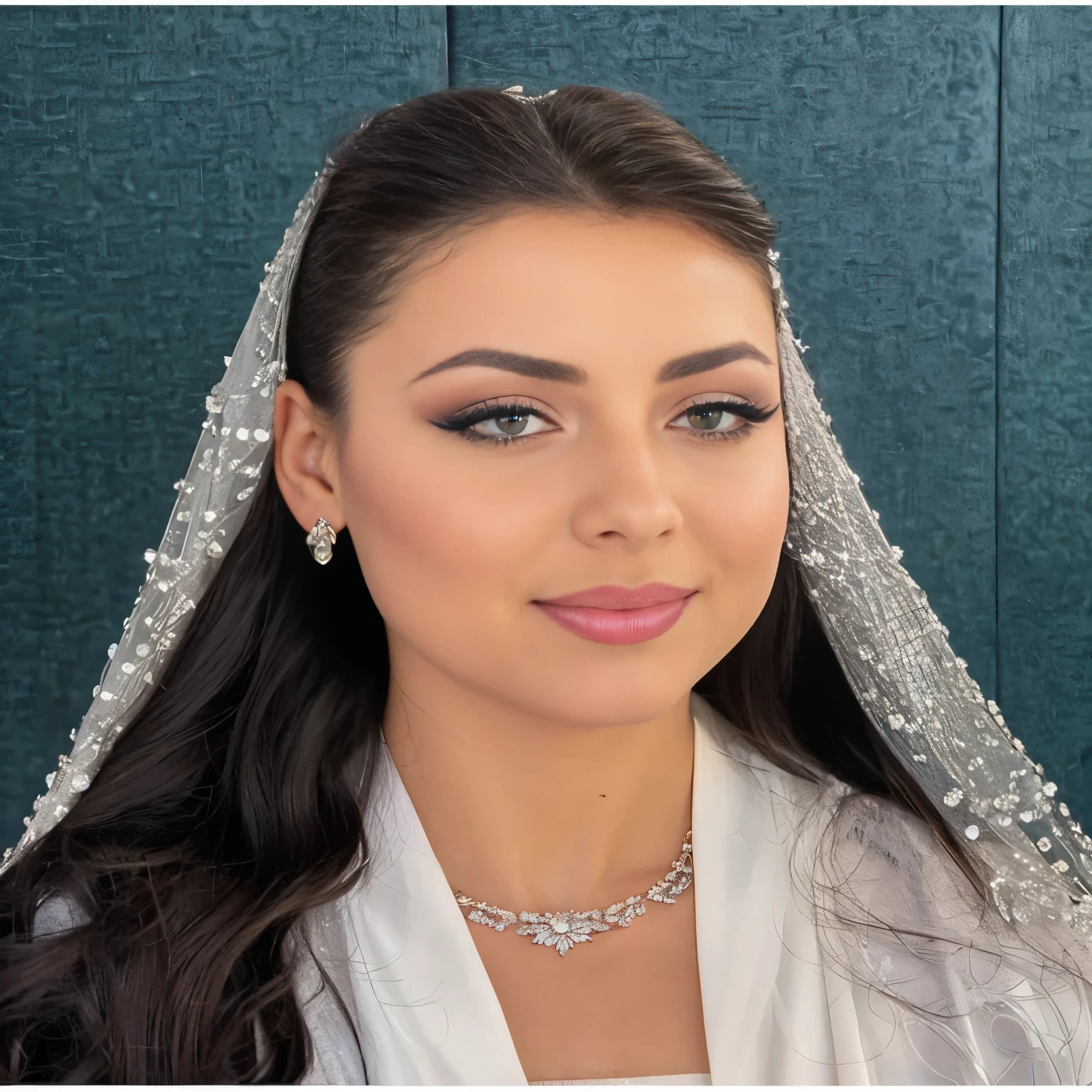 a close-up of a woman wearing a veil and necklace, com maquiagem profissional, olhar sensual, em maquiagem profissional, veils and jewelry, maquiagem marfim nos olhos, maquiagem extravagante grossa, maquiagem detalhada nos olhos, Arabic inspiration,Maquiagem tradicional, flawless detailed face