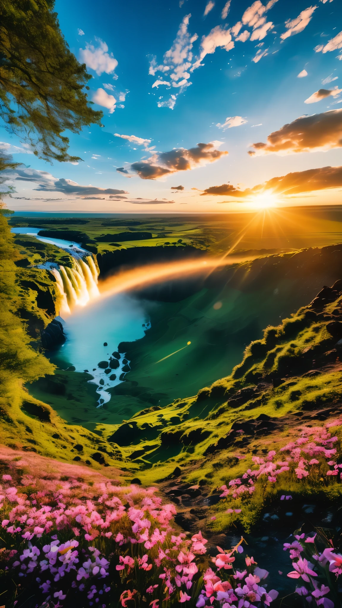 ultra-wide-angle,View from the top of the mountain,glowing waterfall,flower,cliff,majestic,sunset,spring