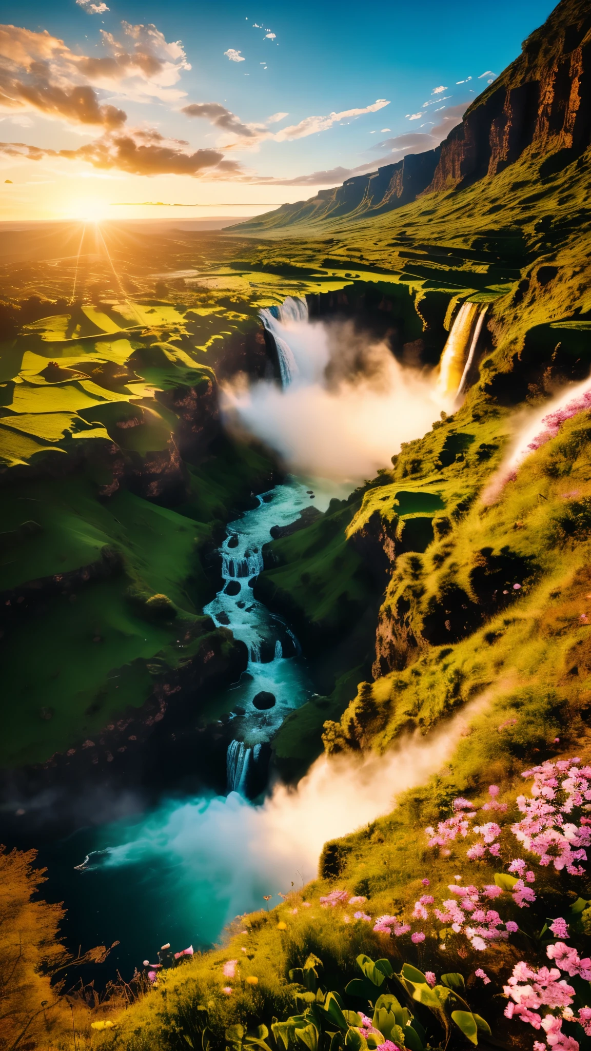 ultra-wide-angle,View from the top of the mountain,glowing waterfall,flower,cliff,majestic,sunset,spring