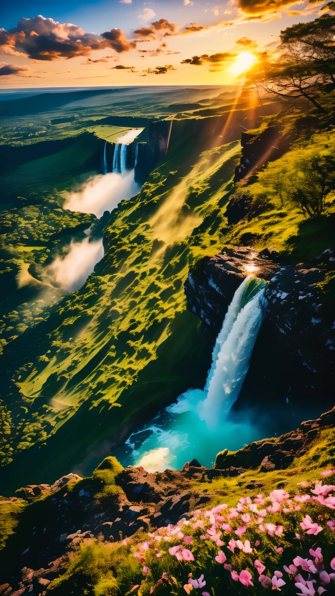 ultra-wide-angle,View from the top of the mountain,glowing waterfall,flower,cliff,majestic,sunset,spring