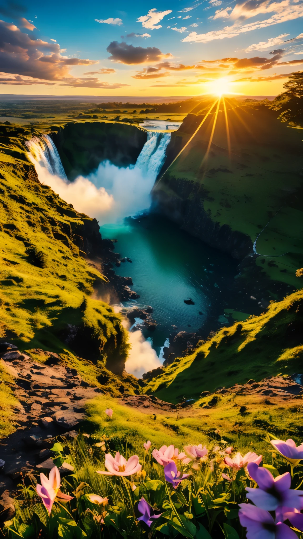 ultra-wide-angle,View from the top of the mountain,glowing waterfall,flower,cliff,majestic,sunset,spring