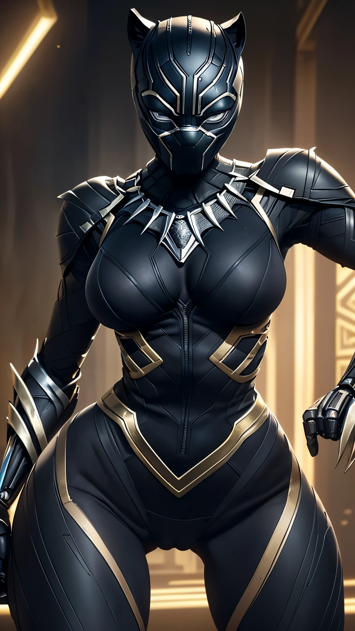 ((Marvel's Black Panther costume, based on the costumes from the Marvel films, very detailed and vivid costume)), (masterpiece), (ultra detailed), cinematic, (8k resolution, ultra realistic, ultra hd), (extremely detailed and technological), certain parts of the costume are illuminated with energy, Abstract expressionism painting "Hyperion", colorful image, neon. (Sexy Black Panther Goddess, technological armor, Cybernetic, micro swimsuit armor showing the pussy, tucked in, stuck in the ass), epic technological image, epic posture, legendary, crouched posture like a cat, flexible body, sexy spread legs. dark environment, art in Africa, digital painting, conceptual art portrait of the character, (sexy female body with curves, tall and thin super model body, (She is a super heroine who hides her identity), wearing a black panther mask, the costume has saber tooth rushes, sharp panther claws), glowing robotic eyes, neon eyes, Cybernetic, gold details, metallic. ((her cleavage is impressive, very open, (extremely long and beautiful natural breasts, large, breasts popping out of the cleavage, long nipples showing), (Get close to emphasize the beautiful cleavage, close-up on the hanging natural breasts, breasts showing)), close-up, pay close attention to the entire black panther costume, hot panther protruding, sexiest of all, hentai, naughty. I want black panther costume and mask Super detailed cybernetic, brilliant details on the costume.