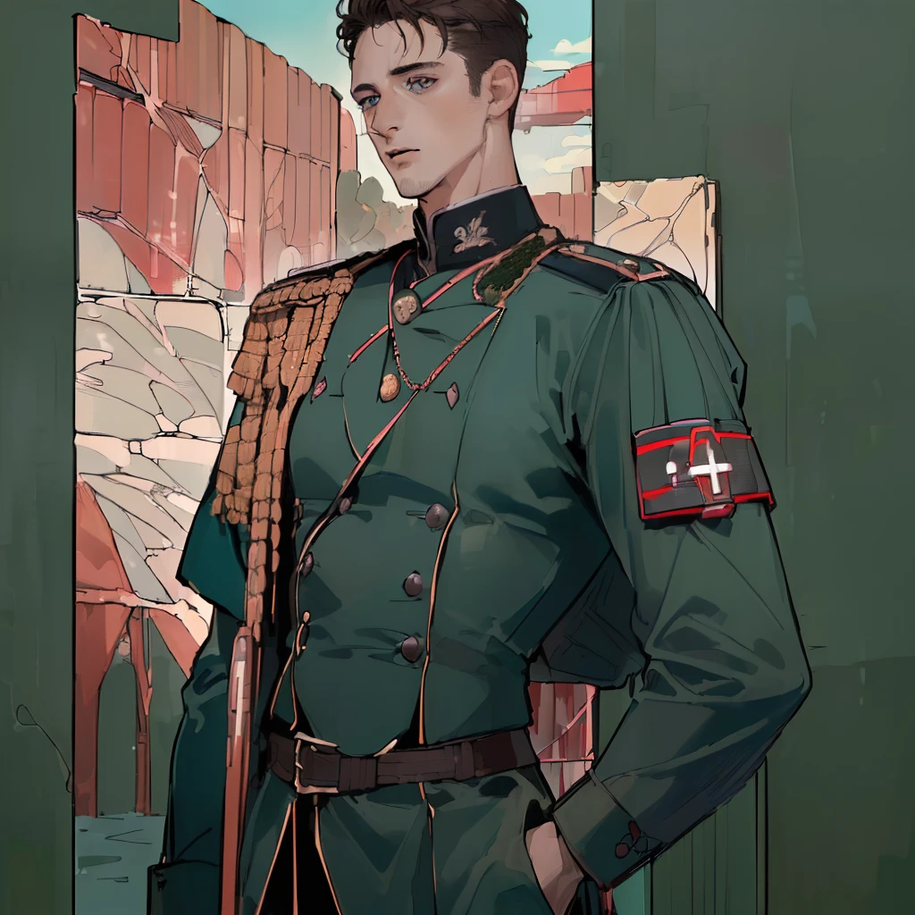 (((8K, RAW-фотограф, Best quality at its best, Masterpiece: 1.4))), (portrait:1.4), (Masterpiece:1.2, top quality:1.2), (((Man))), (((mature))), (((30 years old))), (((soldier))), Dark brown hair, short hair, grey eyes, black , military form