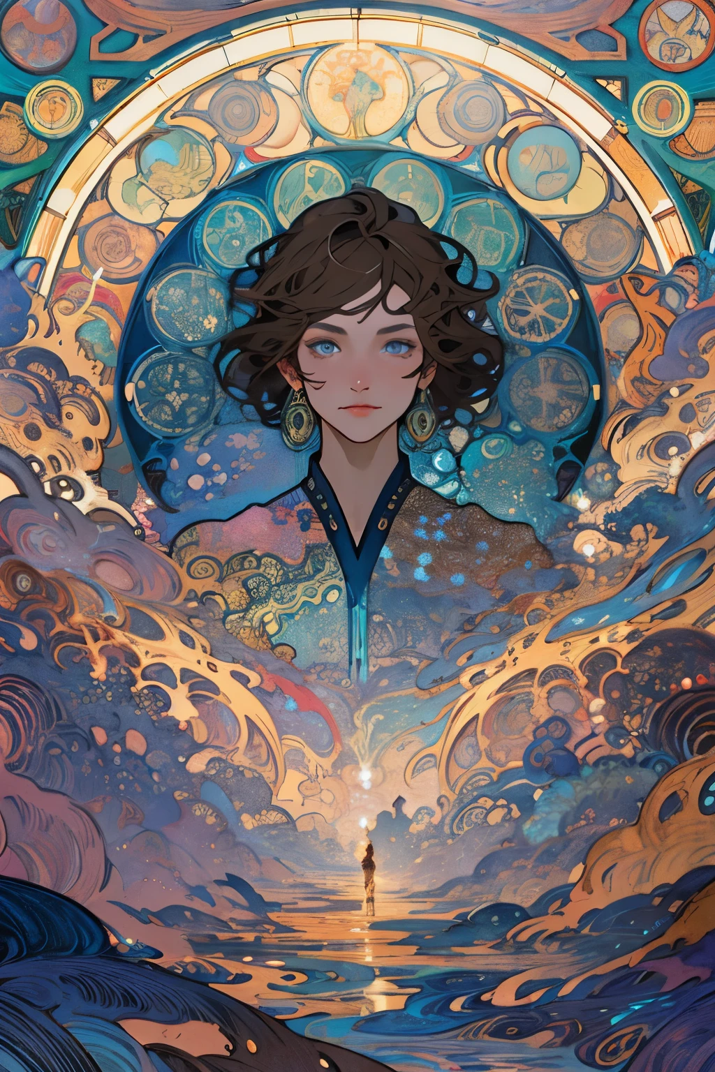 1 woman,(short brown hair:1.1),blue eyes,writer,(zendispute, mandala, dispute, endispute:0.6),(Fractal art),Chaos in its most beautiful form,Mucha style