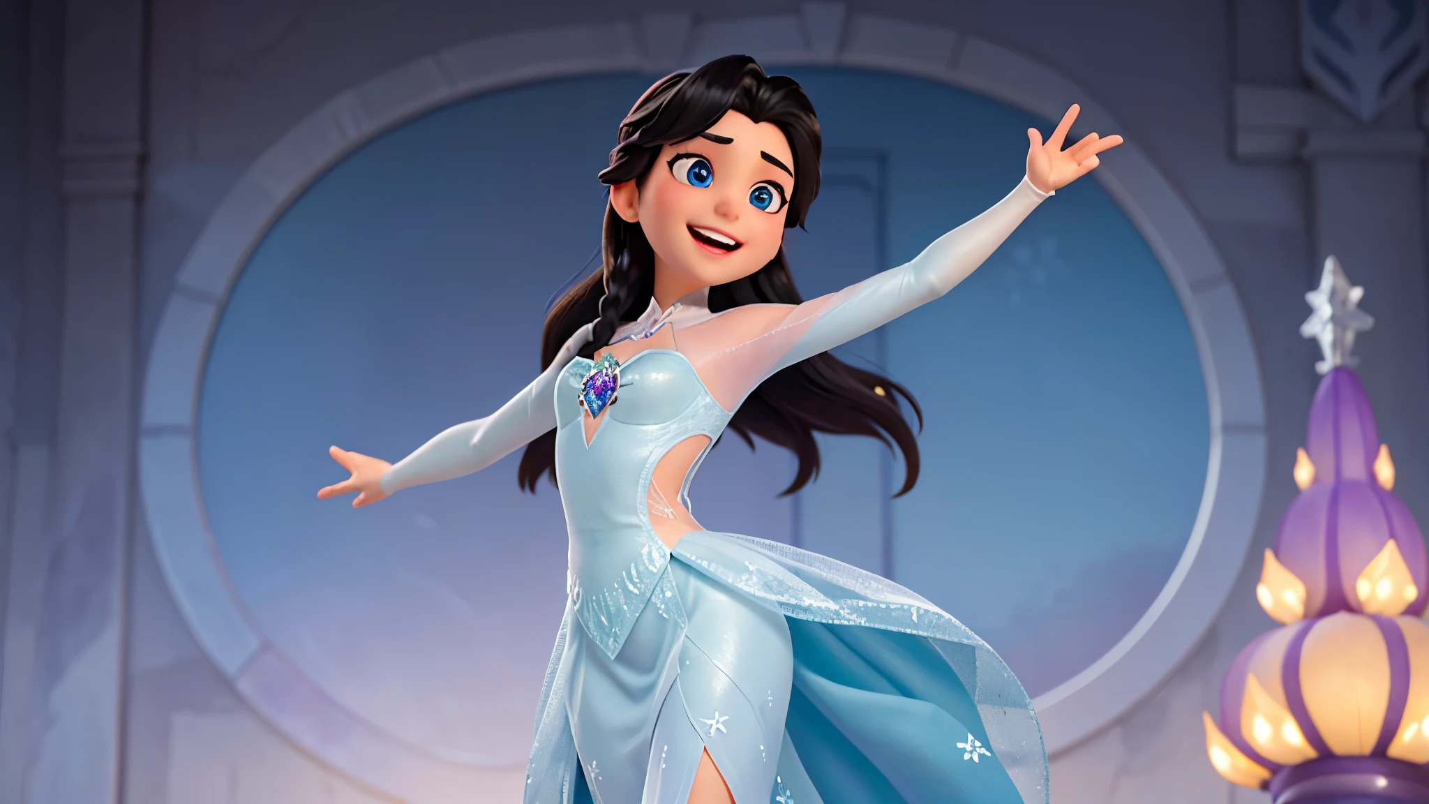 Crie um fundo roxo bem bonito com estelas meio desfocado, on the front there will be a character with beautiful black hair with it loose like Elsa from Frozen, quero que a personagem seja estilo elsa de Frozen corpo e olhos, a cor de seus olhos marrom, I want her with her arms open wanting to hug the reader and smiling with a soft and beautiful smile, Elsa style from Frozen.