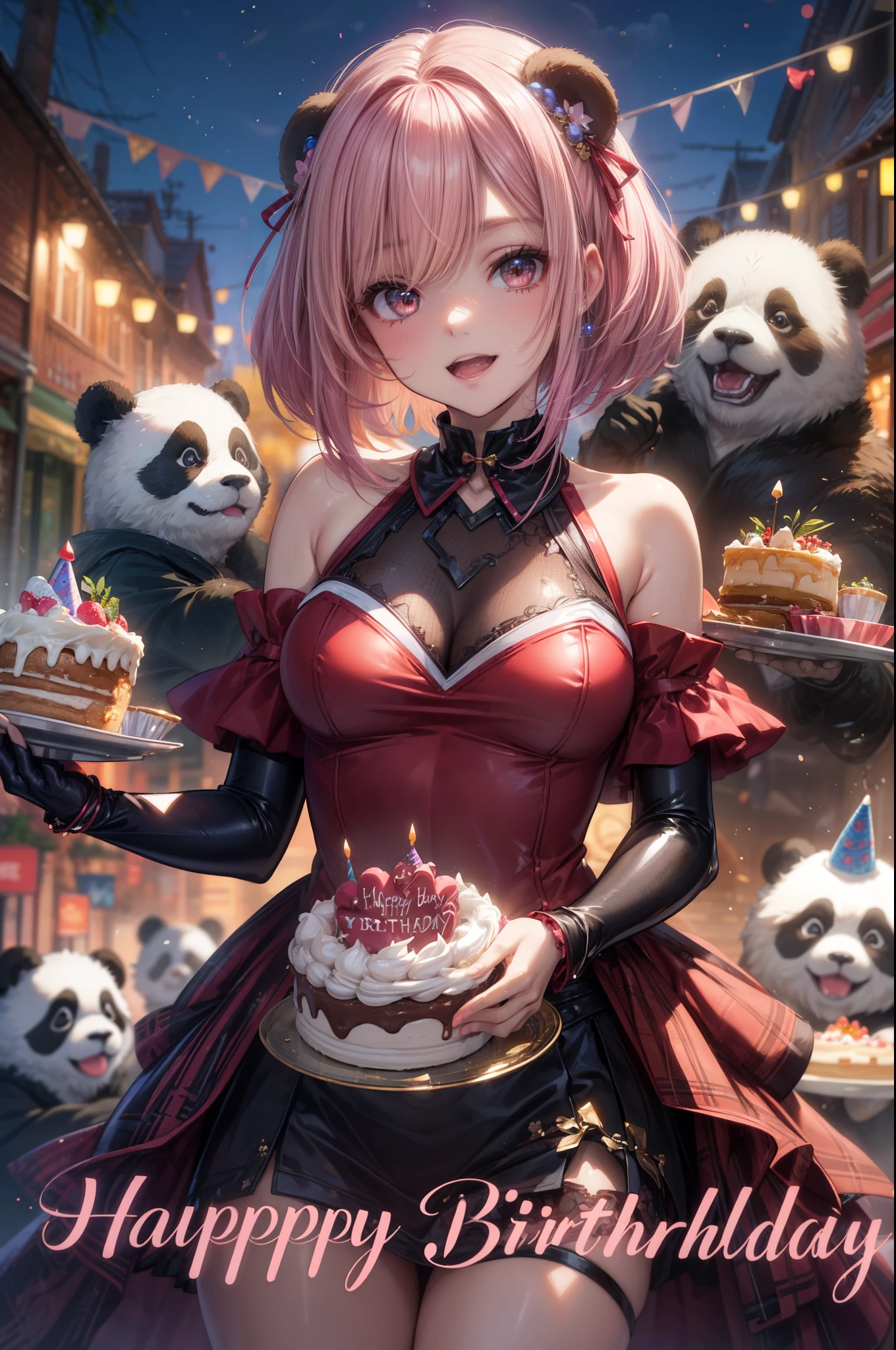 ((A woman celebrates her birthday with a panda cake)), break, sexy, skindentation, ((highest quality)), ((masterpiece)), (familiar), perfect face, 8k , break, short hair, ((pink hair)), bob cut, black eye, beautiful princess, (smile), metallic costume, medium breasts