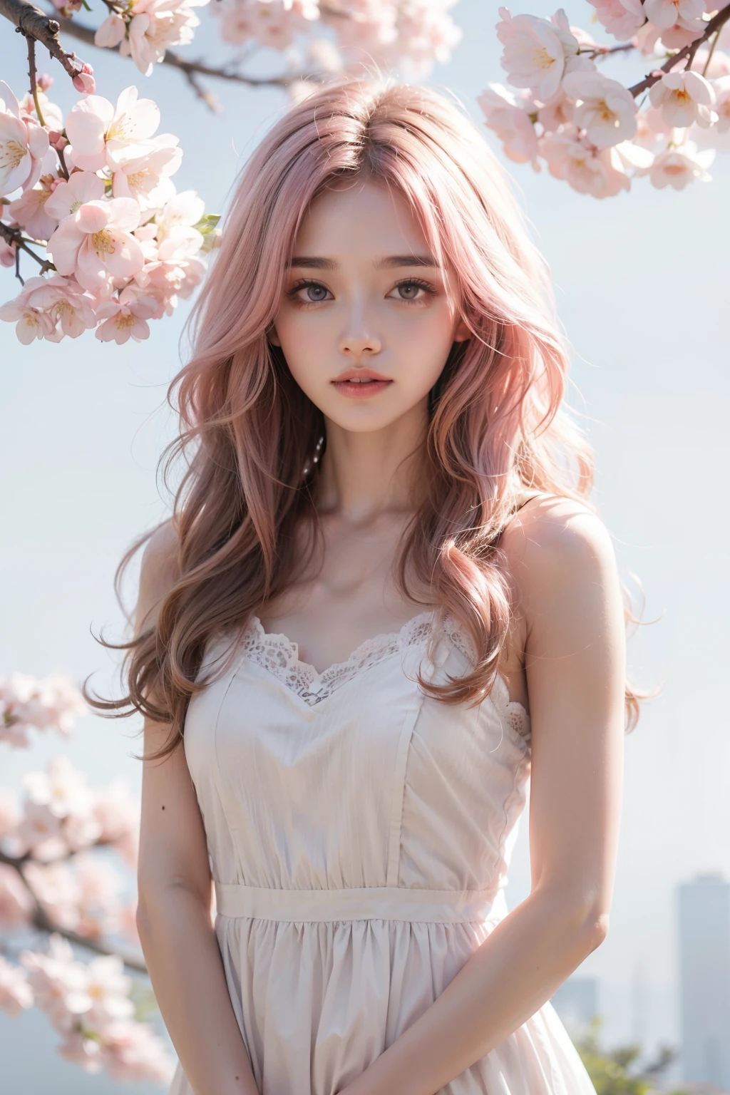 light pink hair, pink eyes, pink and white, cherry blossom leaves, Bright colors, white dress, paint splash, simple background, ray tracing, wavy hair