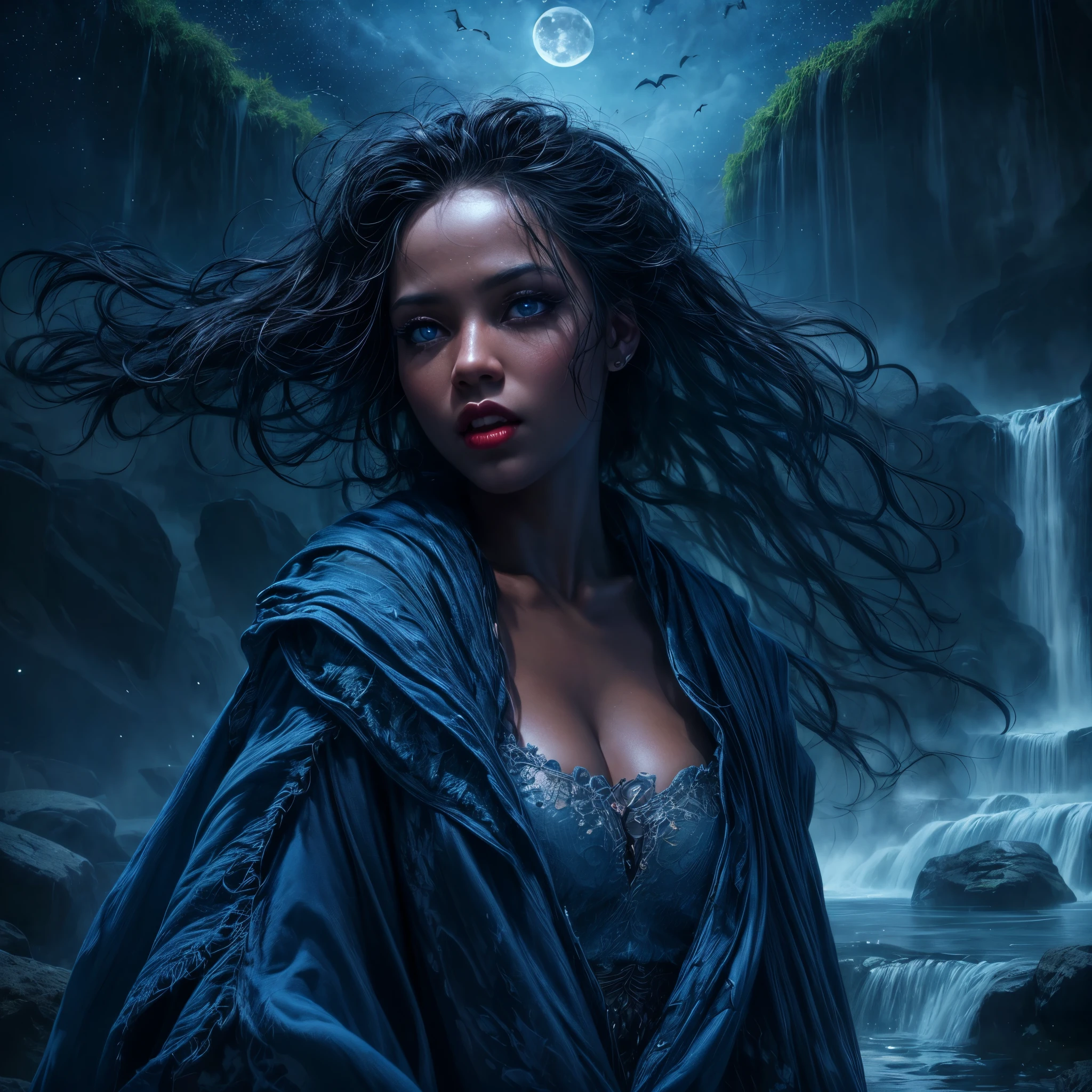 a picture of an exquisite beautiful female vampire standing under the starry night sky at the base of the waterfall, dynamic angle (ultra detailed, Masterpiece, best quality), ultra feminine, (black skin: 1.3), black hair, wavy hair, dynamic eyes color, cold eyes, glowing eyes, intense eyes, dark red lips, [fangs], wearing white dress (ultra detailed, Masterpiece, best quality), wearing blue cloak (ultra detailed, Masterpiece, best quality), long cloak, flowing cloak (ultra detailed, Masterpiece, best quality), wearing high heeled boots,  water coming down from a mountain, multi level water falls, several pools created in different levels, forming new waterfalls, water cascading into a pool steam rising, clear water in many hues of blue and azure falling, ultra best realistic, best details, best quality, 16k, [ultra detailed], masterpiece, best quality, (extremely detailed), ultra wide shot, photorealism, depth of field, hyper realistic painting, sky full of stars background, moon, bats flying about, high details, best quality, 8k, [ultra detailed], masterpiece, best quality, (ultra detailed), full body, ultra wide shot, photorealism, dark fantasy art, dark fantasy art, gothic art, many stars, dark fantasy art, gothic art, sense of dread, bloodmagic