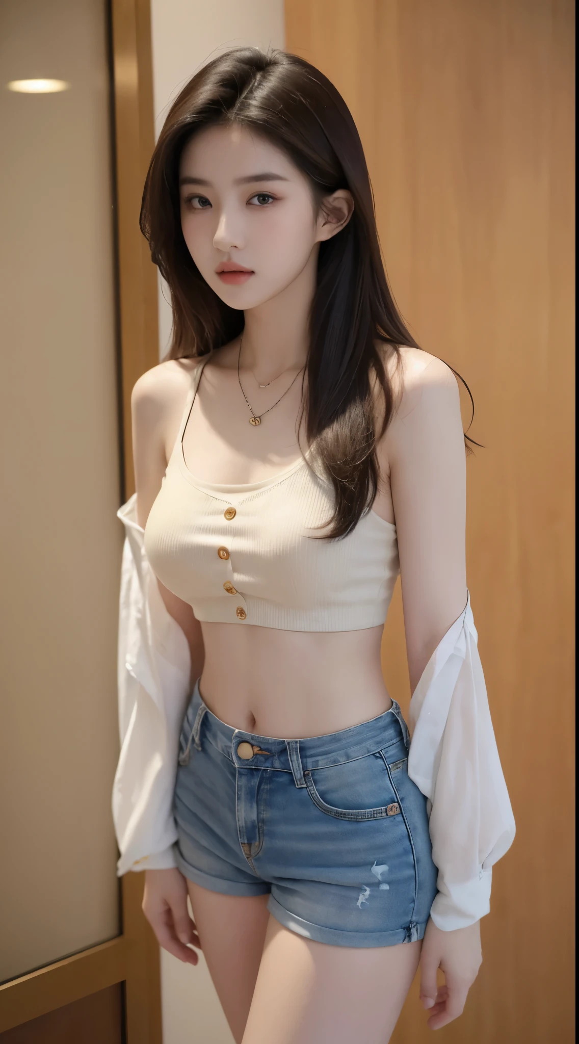 ((best quality, 32k, Masterpiece :1.3)), Sharp focus :1.2, Sexy girl, big breasts, slim, Korean style.. 18 years old, perfect body beauty:1.4. Slender stomach:1.2. ((Messy bread)), necklace, ((Not wearing a shirt)) Jeans shorts. tear, open buttons)) dynamic stand. In front of the glass wall. °Full Body° Highly detailed face and skin., Detailed eyes, Double eyelidix 4, 20 days, alone, Realistic photos:1.37