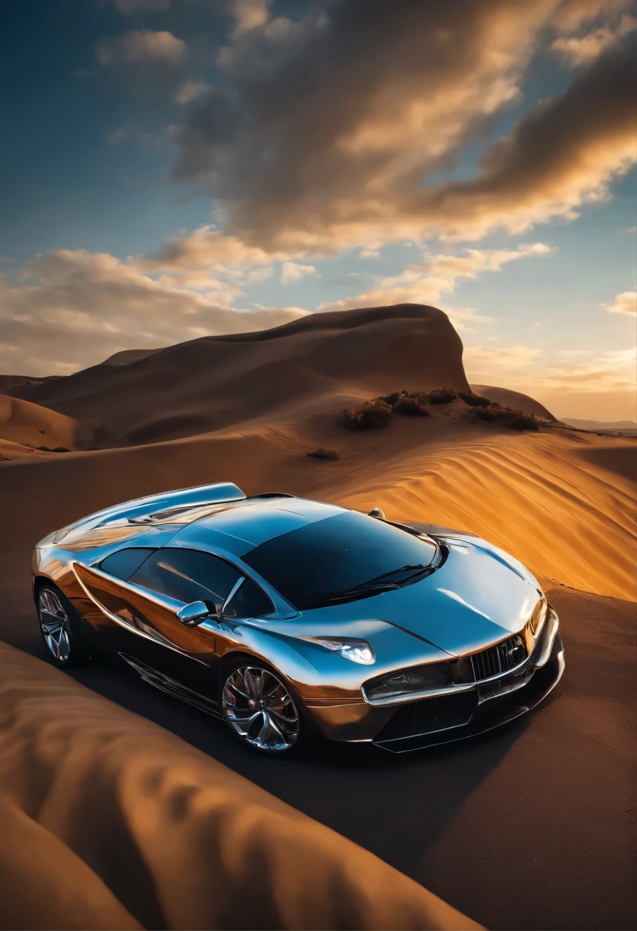 A car made of liquid metal in the style of ((Cani)) style, hyper realism, 8k high definition, vibrant colors, sharp focus, insanely detailed, enormous tits