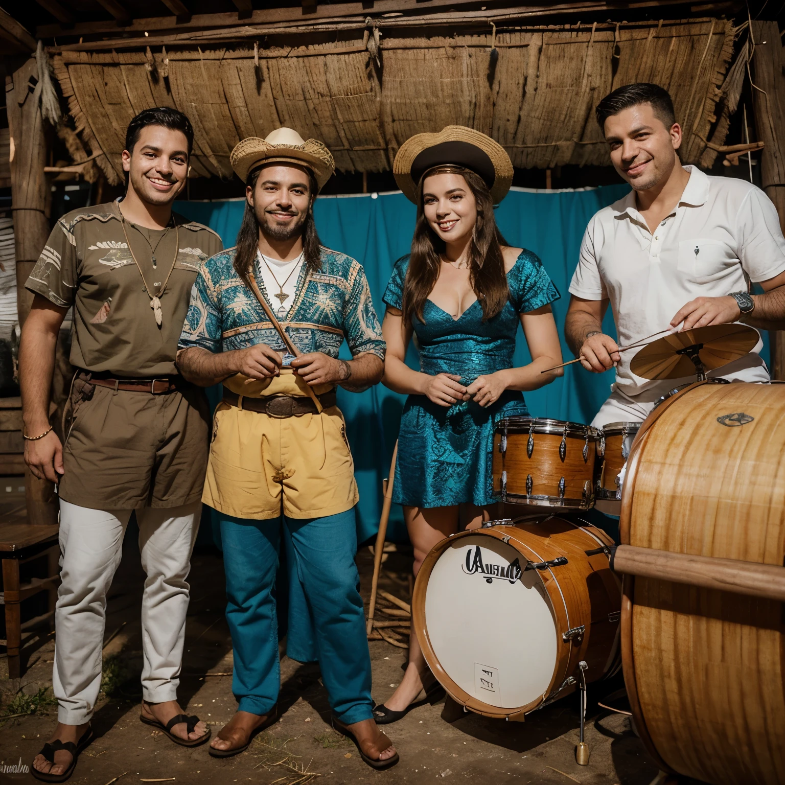 Desenho estilo Cartoon, de um boi maracatu, a hunter, galantes, A captain, uma pastorinha com a roupa branca, Jaguara, Matheus e Catarina, and some snare drum musicians.