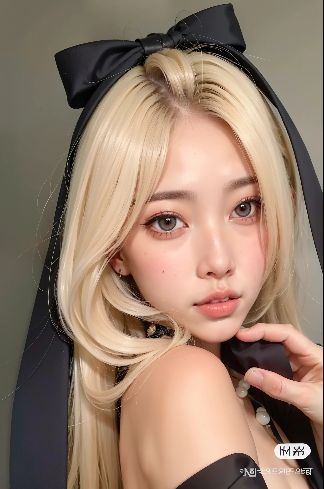 Chica de pelo rubio con un lazo negro y una corbata negra., ulzzang, pelo largo y rubio y ojos grandes, maquillaje popular de corea del sur, long cabello rubio y ojos grandes, muchacha coreana, cabello rubio y ojos grandes, maquillaje coreano popular, pale porcelain white skin, pale korean adorable face, bella delfina, extremely pale blonde hair, hermosa mujer surcoreana