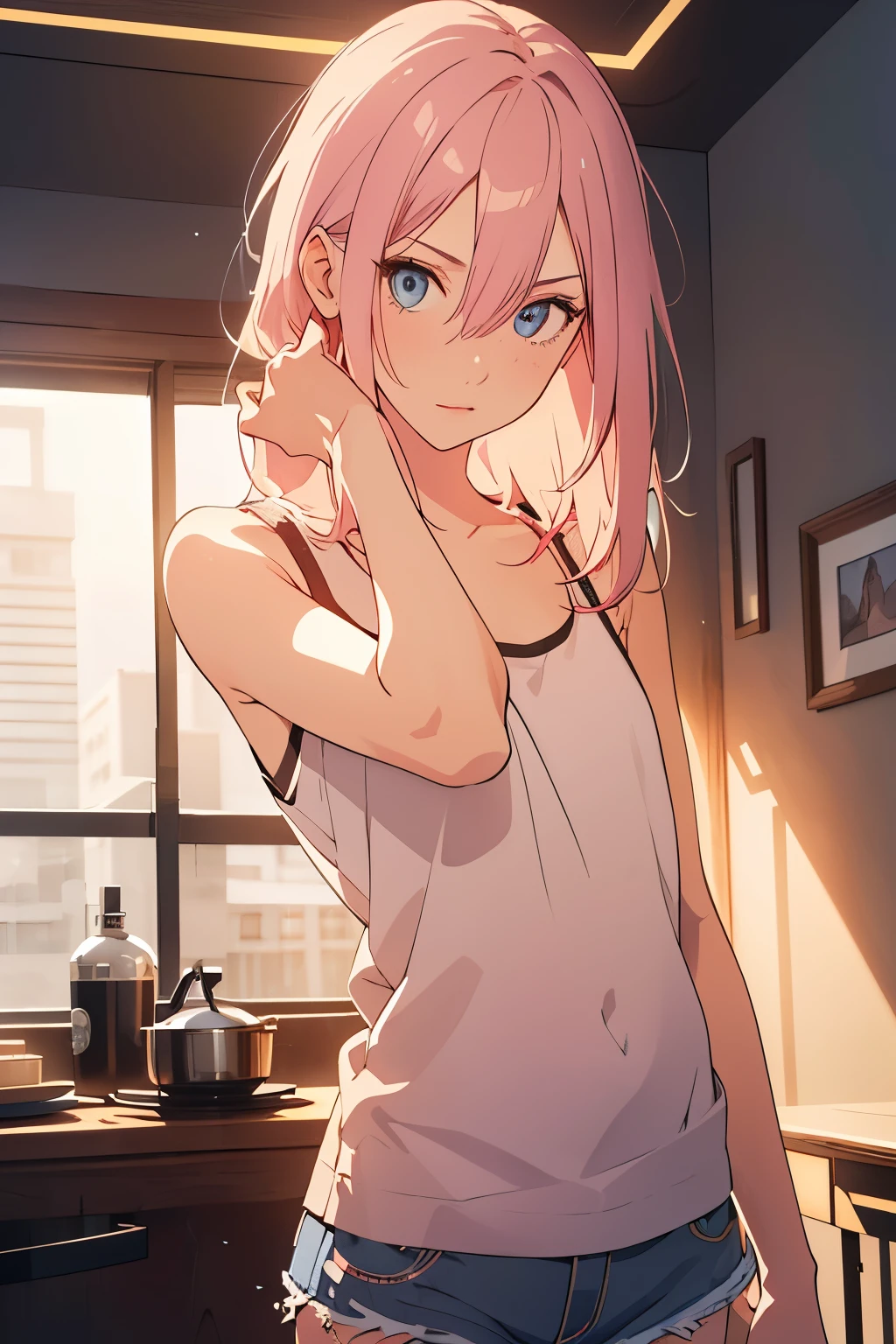 { masterpiece : best quality : high resolution : unity 8k wallpaper : illustration : beautiful detailed eyes : extremely detailed face : perfect lighting : extremely detailed CG : perfect hands : perfect anatomy: empty clean white room } { Tayuya , long messy pink hair ,tank top, shorts, solo,, looking at viewer, cinematic composition, pose, half body image , }