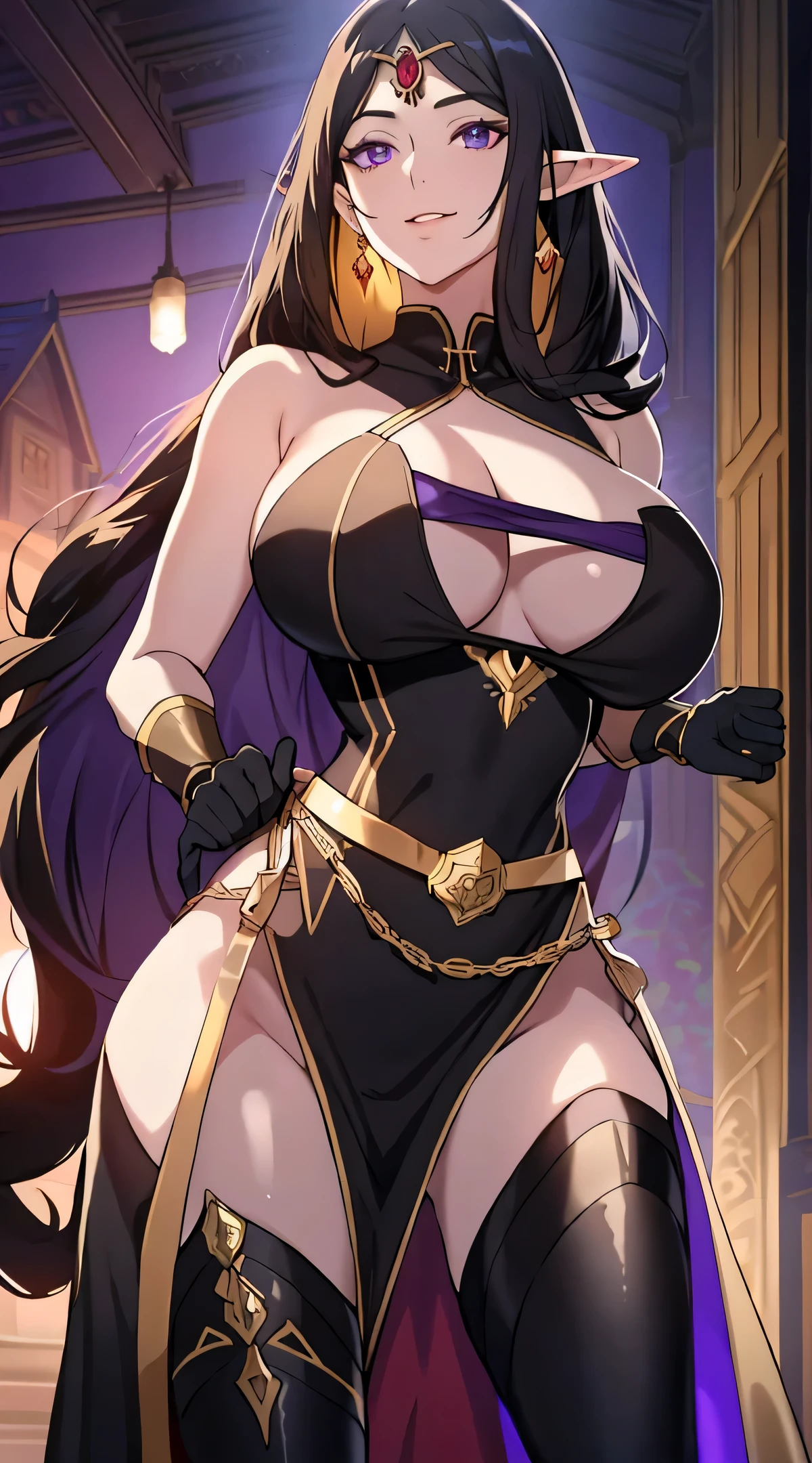 Lian, long black hair, long elf ears, hair stick, bangs, violet eyes, solo, smiling, standing, upper body, hips, bare shoulders,purple thighhighs, black dress, gold jewelry,armor,gloves,circlet, cleavage, red and gold royal castle, gigantic breasts, (best quality, masterpiece, beautiful and aesthetic:1.2, highest detailed face, perfect face,)  eyes, perfect face,expressive eyes,
looking at viewer, in the center of the image,(Upper_body),(Focus on her face),
official art,extremely detailed CG unity 8k wallpaper, perfect lighting,Colorful, Bright_Front_face_Lighting,shiny skin, 
(masterpiece:1.0),(best_quality:1.0), ultra high res,4K,ultra-detailed
