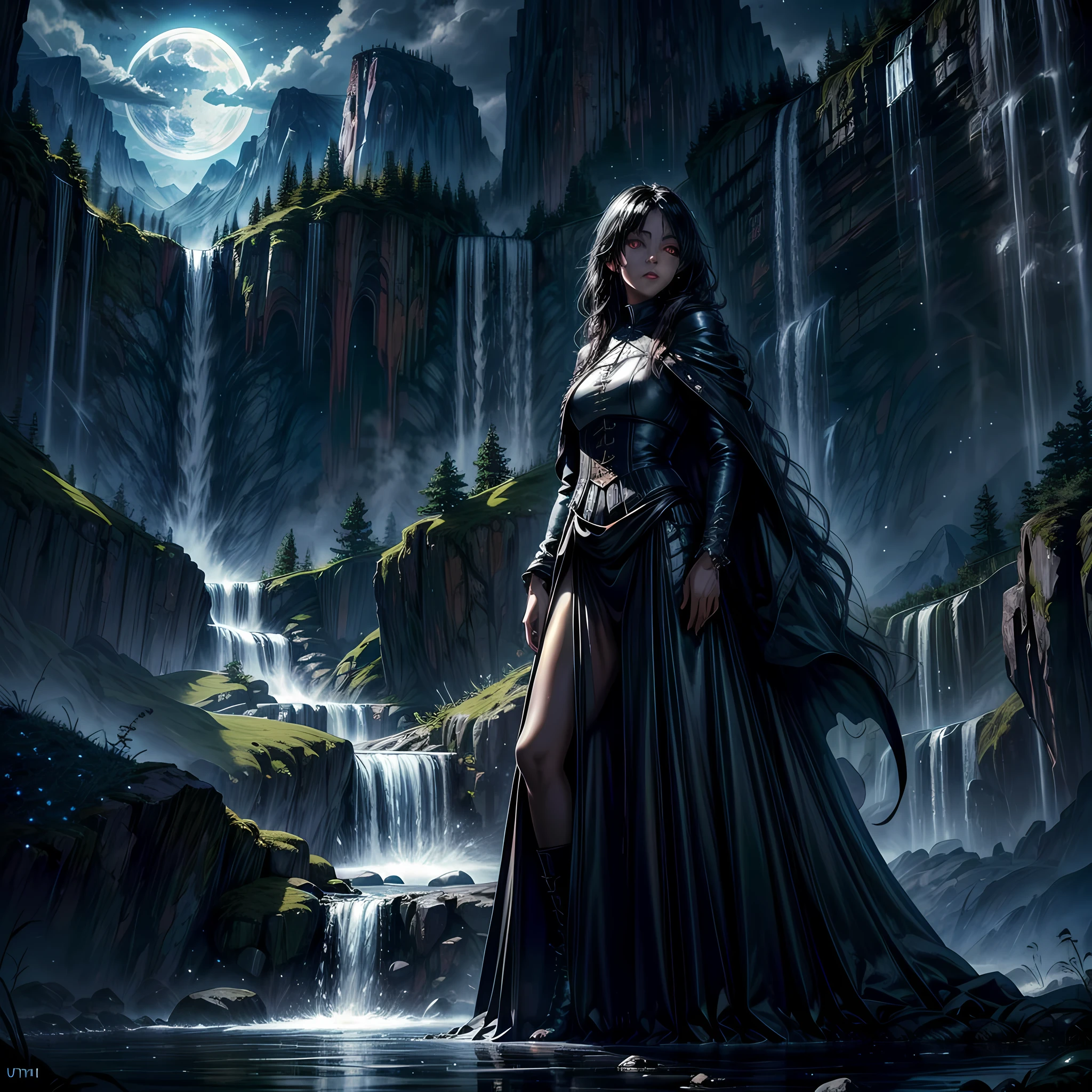 a picture of an exquisite beautiful female vampire standing under the starry night sky at the base of the waterfall, dynamic angle (ultra detailed, Masterpiece, best quality), ultra feminine, (black skin: 1.3), black hair, wavy hair, dynamic eyes color, cold eyes, glowing eyes, intense eyes, dark red lips, [fangs], wearing white dress (ultra detailed, Masterpiece, best quality), wearing blue cloak (ultra detailed, Masterpiece, best quality), long cloak, flowing cloak (ultra detailed, Masterpiece, best quality), wearing high heeled boots,  water coming down from a mountain, multi level water falls, several pools created in different levels, forming new waterfalls, water cascading into a pool steam rising, clear water in many hues of blue and azure falling, ultra best realistic, best details, best quality, 16k, [ultra detailed], masterpiece, best quality, (extremely detailed), ultra wide shot, photorealism, depth of field, hyper realistic painting, sky full of stars background, moon, bats flying about, high details, best quality, 8k, [ultra detailed], masterpiece, best quality, (ultra detailed), full body, ultra wide shot, photorealism, dark fantasy art, dark fantasy art, gothic art, many stars, dark fantasy art, gothic art, sense of dread, bloodmagic
