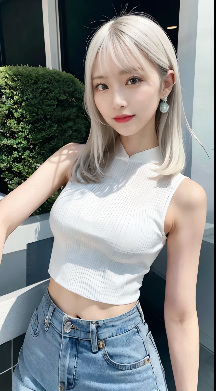 white hair asian woman，Please wear a white top and blue pants，Leaning on a huge transformer, slim girl photo model, Gorgeous young Chinese woman, slim girl photo, chinese girl, wearing a crop top, beautiful chinese woman, Beautiful young Chinese woman, beautiful navel, wearing a sexy crop top, hot with the shining sun, thin waist, sexy body and sexy abdomen、nude