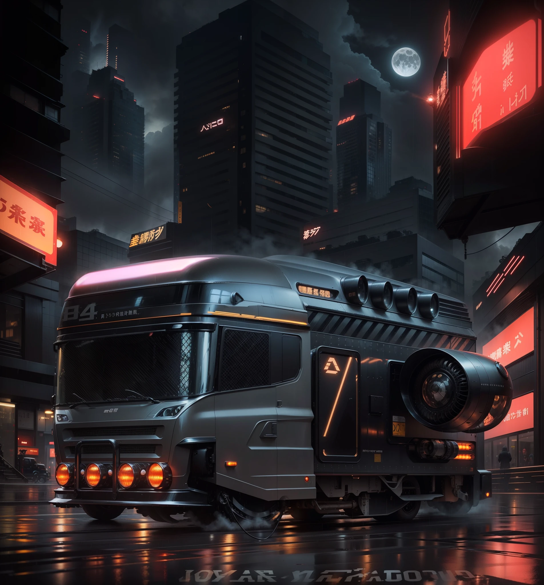 An imposing black and shiny Hover Bus with its headlights on and on, flying on the street where retrofuturistic Japanese buildings predominate, brightly lit and with reflections all over the wet street on a rainy and foggy night and further back a moon emerging through the clouds and mist