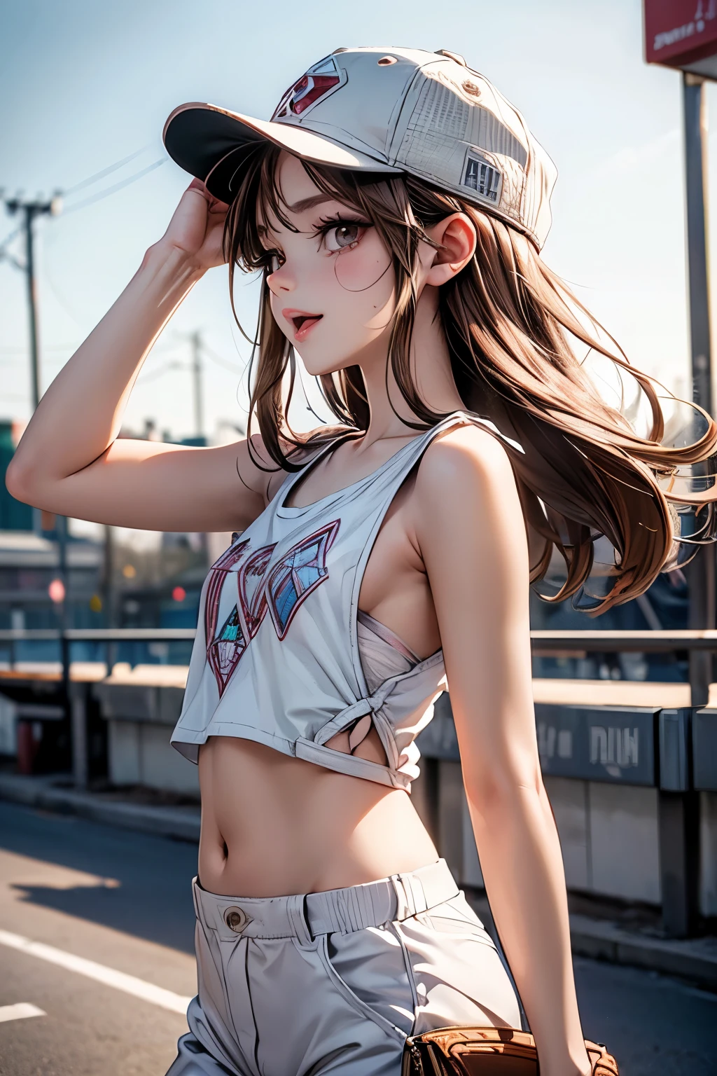 ((Masterpiece)), (Anime:1.3), ((best quality)), (RAW photo: 1.2), (High Definition:1.3), (Professional Photography:1.2), (drop shadow:1.5), (profile), Textured skin, cinematic lighting, (), 1girl, (Cute teenage beautiful Girl),BREAK, ((best quality)), ((glossy lips)), beautiful brown eyes, (Beautiful diamond eyes:1.5), (Pale brown hair), unruly hair, medium hair, (long bang), ((put on baseball cap deeply)), (evil smile), Open mouth, BREAK, (Anime:1.3), ((ragged white tanktop)), Slender body, slightly exposed small nipple, sweaty, Beautiful small breasts, (kawaii posing:1.4), on the parapet of a bridge,