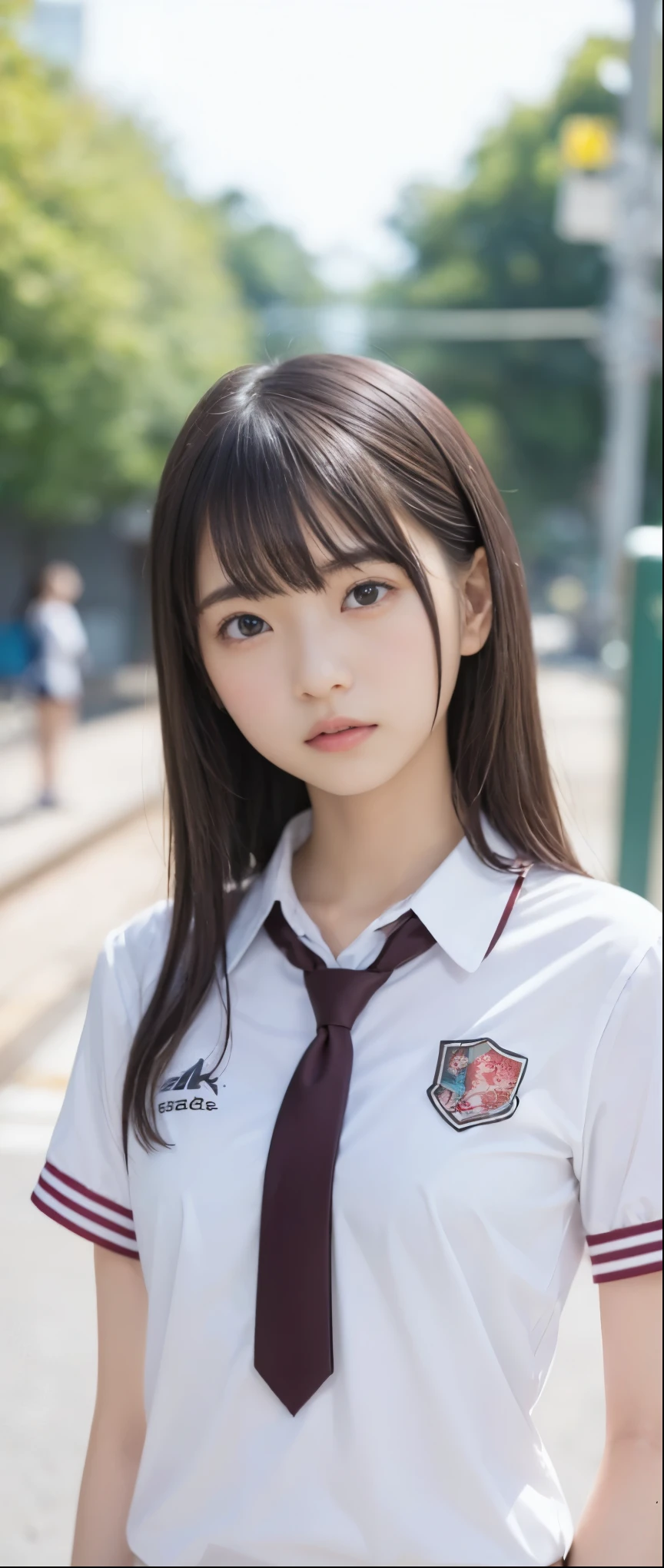 (masterpiece, highest quality:1.2), 8k, , 85mm, official art, RAW photo, スーパースリムなスレンダーbeautiful girl, (full nude下Half body,short sleeveの白シャツ、show me your ears、naked girl photoshoot、full nude, cute face, close, Half body, Biolace, gardenia, beautiful girl, school uniform, Bind your neck with a rope, thighs, short sleeve, stand on the station platform, looking at the viewer, no makeup, (A slightly troubled look), Face of embarrassment、nervous pose、film grain, chromatic aberration, sharp focus, face light, clear lighting, Ten generations, detailed face, background bokeh, (dark red tie:1.1)、((((((two girls))))))、((((((2人のfull nude女子高生)))))