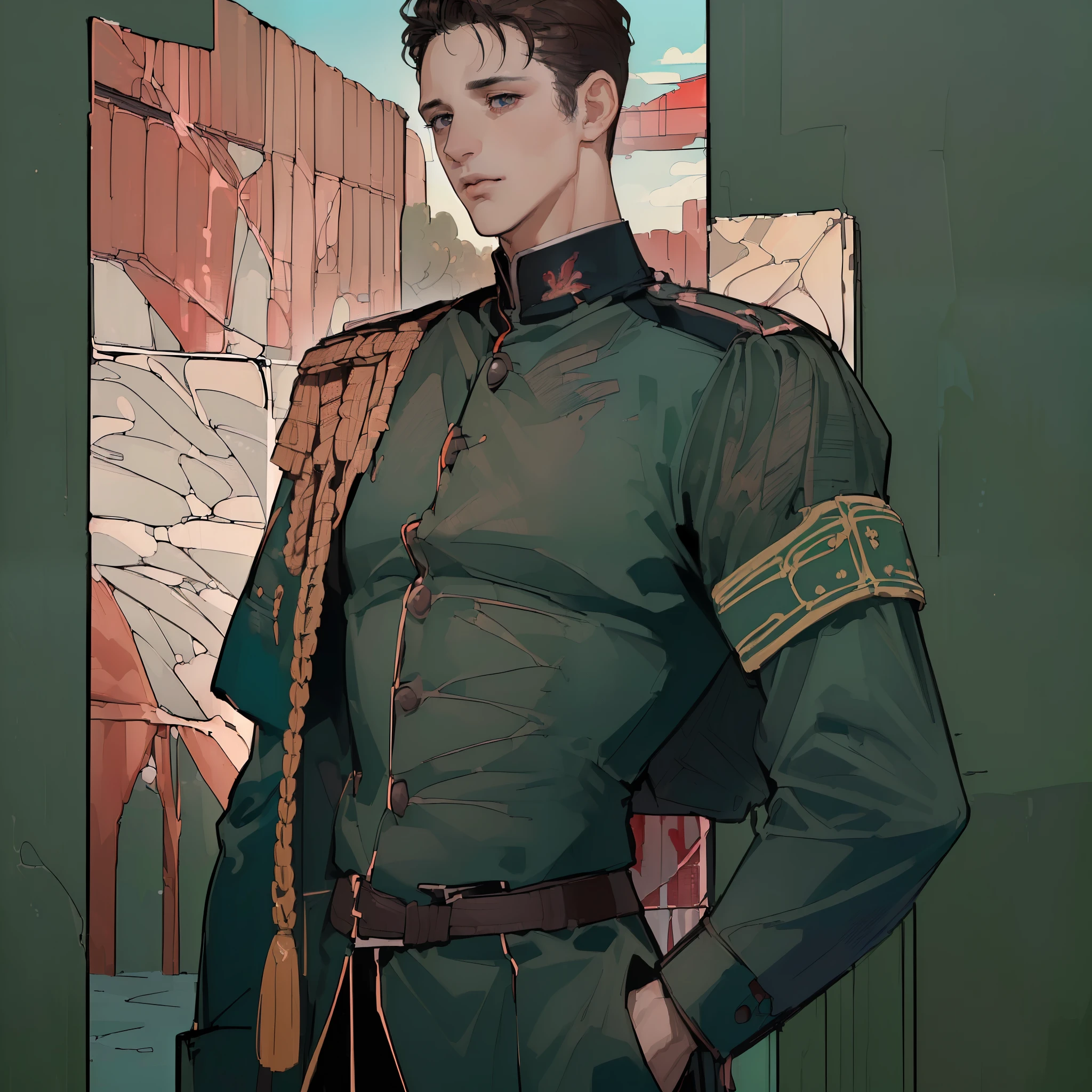 (((8K, RAW-фотограф, Best quality at its best, Masterpiece: 1.4))), (portrait:1.4), (Masterpiece:1.2, top quality:1.2), (((Man))), (((mature))), (((30 years old))), (((soldier))), Dark brown hair, short hair, grey eyes, black , military form