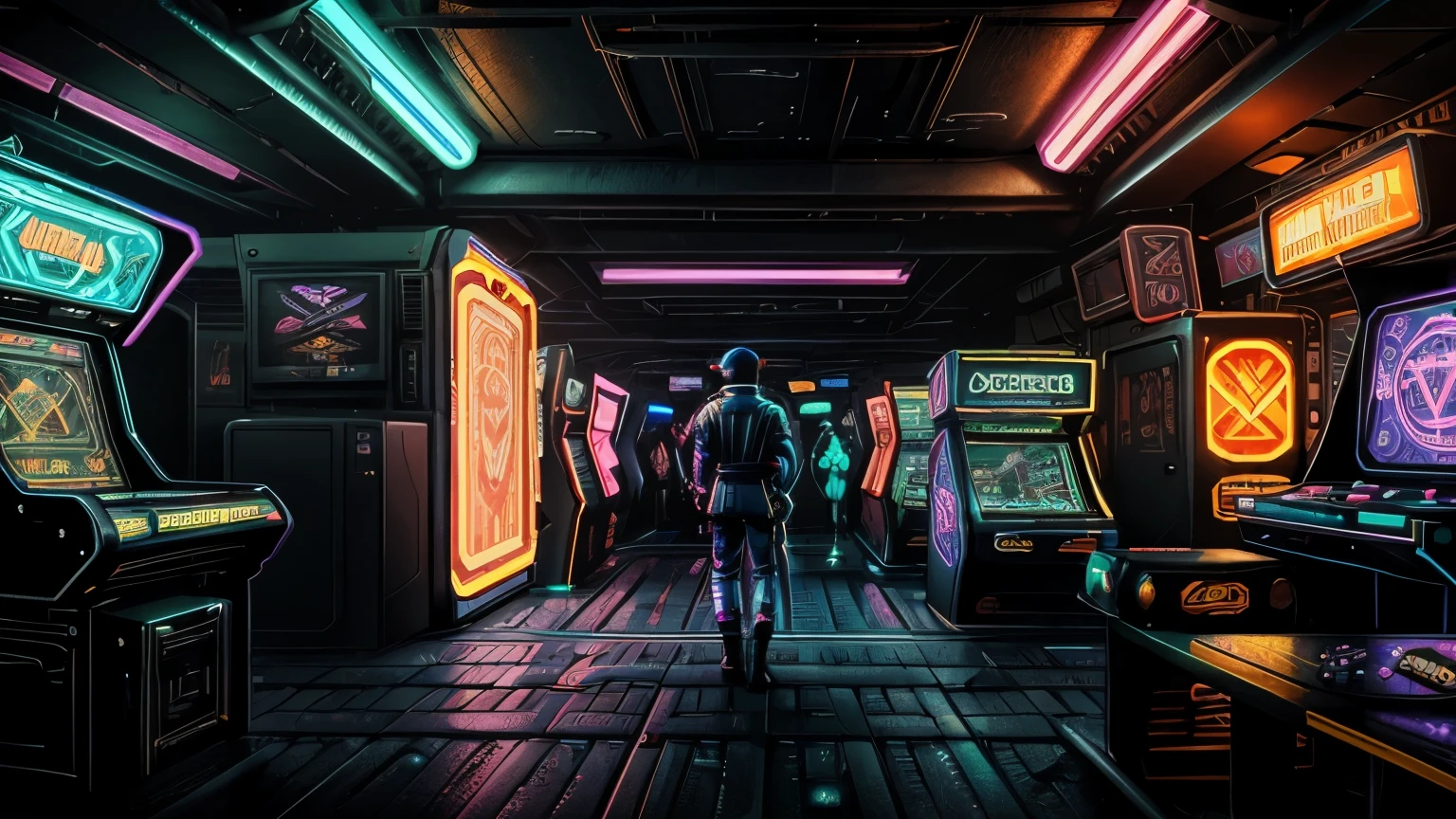 (best quality,highres,masterpiece:1.2),ultra-detailed,arcade game center,cyberpunk,2d illustration,vibrant neon lights,retro futuristic,technological cityscape,glowing holograms,retro arcade machines,pixel art characters,dystopian atmosphere,flashing arcade cabinets,dark alleyways,energetic crowd,arcade prizes,retro game sound effects,innovative game design,high-tech game consoles,immersive gaming experience,cosmic background,artistic style,retro gaming culture,parallel universe,cosmic beings,glowing neon signs,keyboard warriors in virtual battles,endless corridors of games,excitement and energy in the air,nostalgia mixed with futuristic elements,future technology advancements,futuristic fashion,extraterrestrial beings interacting with humans,imaginative and immersive world,cyberspace intertwined with reality,wires and cables connecting everything together, vanishing point perspective