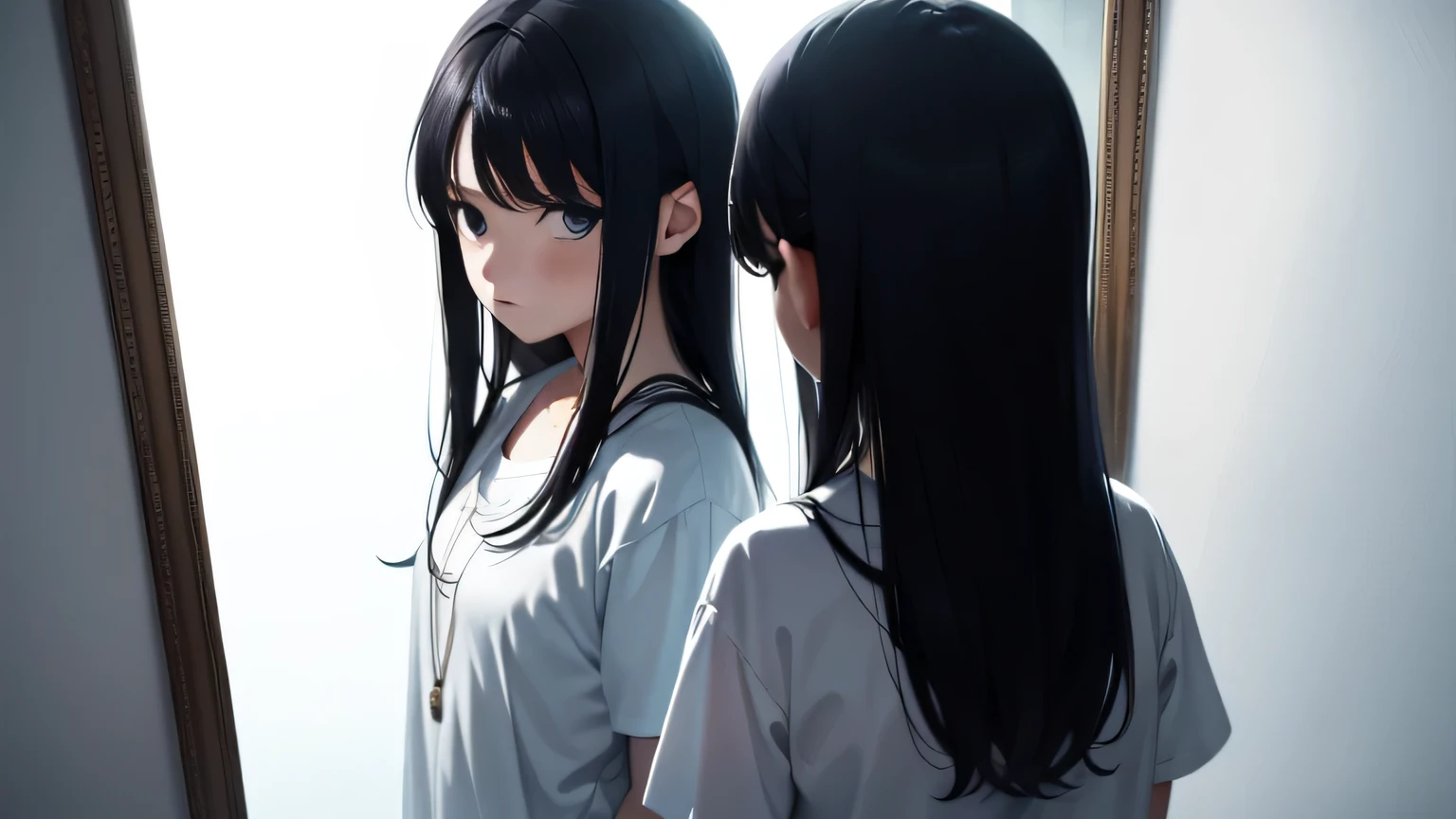 Garota ao lado de um espelho com um olhar triste, dramatic background, luz de fundo indireta, estilo anime, quarto branco
