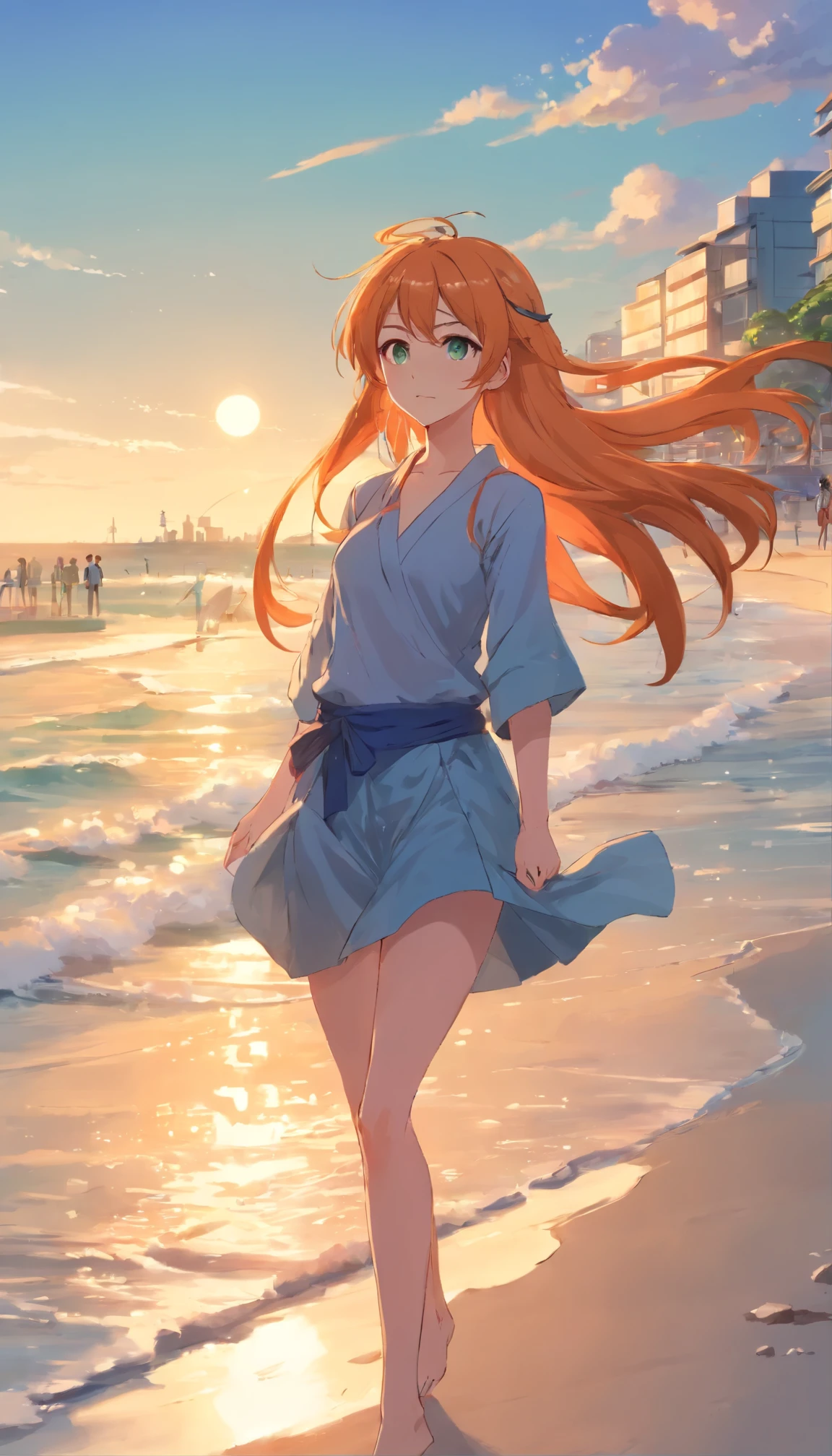 Anime girl with long orange hair, standing on the beach near the ocean, green eyes detailed digital anime art, Anime girl with long hair, гладкое аниме cg art, Anime girl with long hair, digital anime art, work in Guweiz style, Beautiful anime portrait, Photorealistic render of an anime girl, Beautiful anime girl, advanced digital anime art, guweiz на artstation pixiv HD UHD HQ