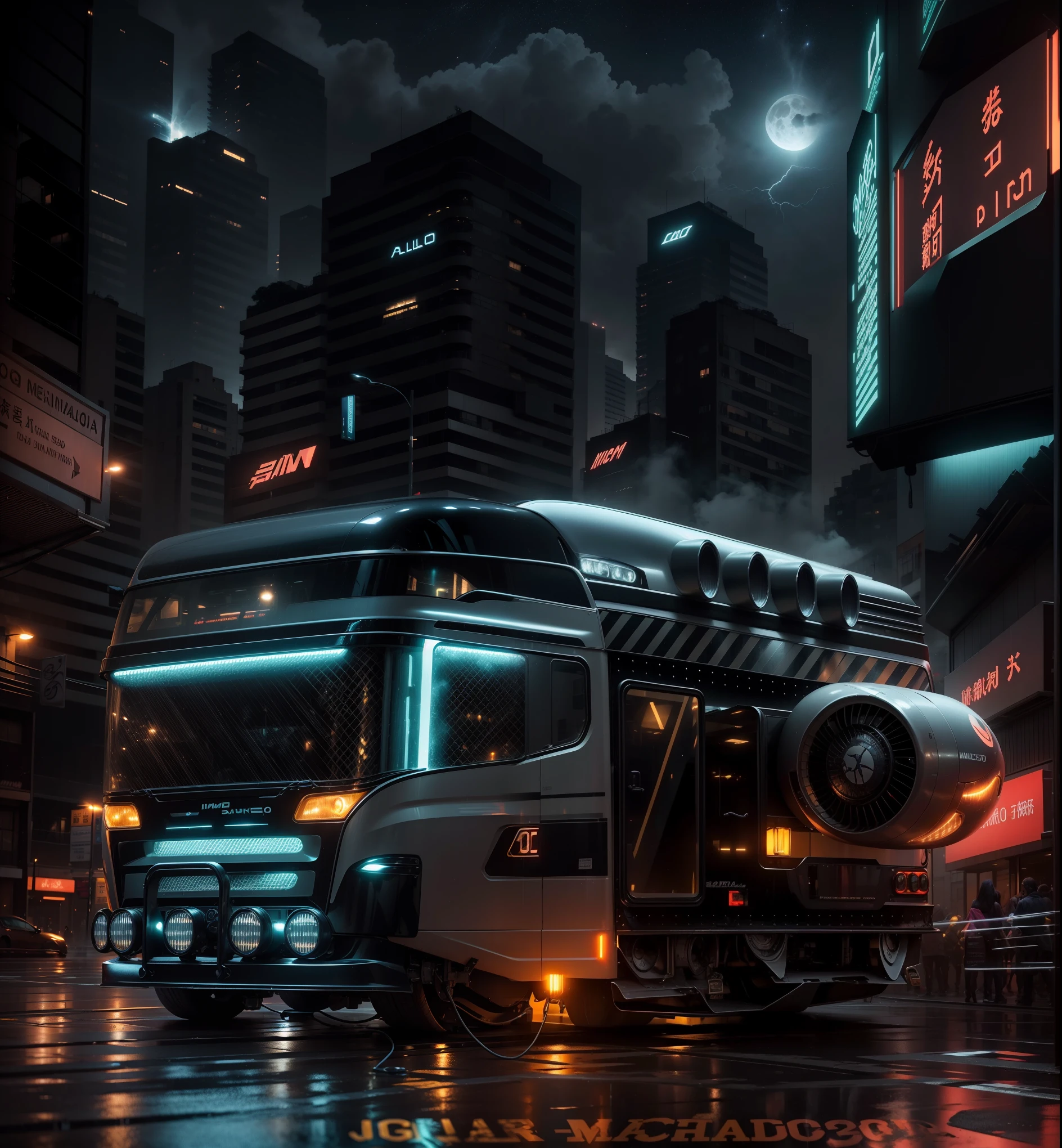 Um imponente Hover Bus preto, reluzente sob a chuva, Cut through the fog with your headlights on. A rua abaixo, taken over by retrofuturistic Japanese buildings, brilha com reflexos luminescentes. The damp fog intensifies the streetlights, creating an ethereal halo around the futuristic vehicle. Ao fundo, a lua surge por entre as nuvens carregadas, casting a pale glow over the scene. Lightning and lightning tear the night sky, adding a dramatic touch to the landscape.