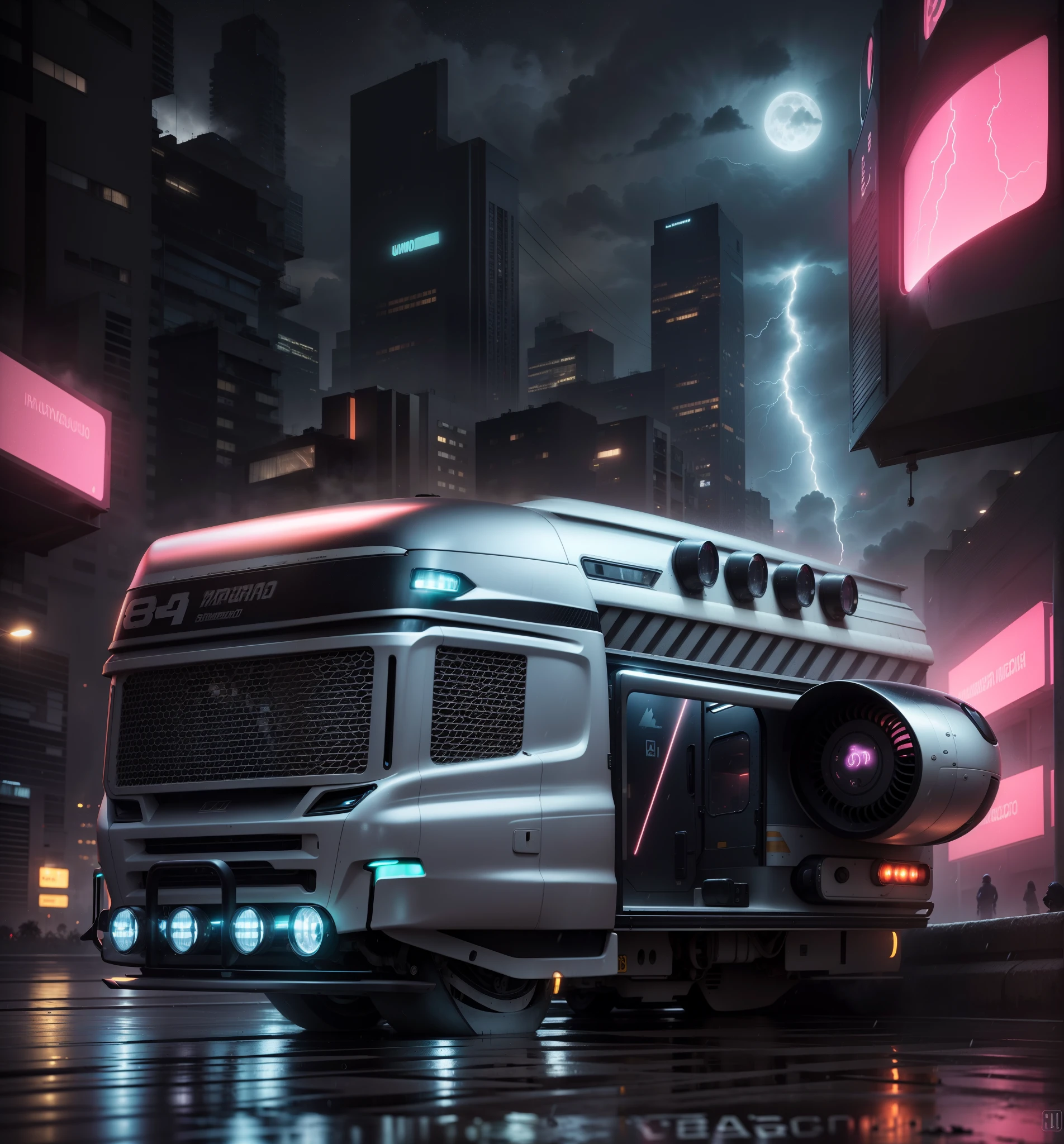 Um imponente Hover Bus preto, reluzente sob a chuva, Cut through the fog with your headlights on. A rua abaixo, taken over by retrofuturistic Japanese buildings, brilha com reflexos luminescentes. The damp fog intensifies the streetlights, creating an ethereal halo around the futuristic vehicle. Ao fundo, a lua surge por entre as nuvens carregadas, casting a pale glow over the scene. Lightning and lightning tear the night sky, adding a dramatic touch to the landscape.