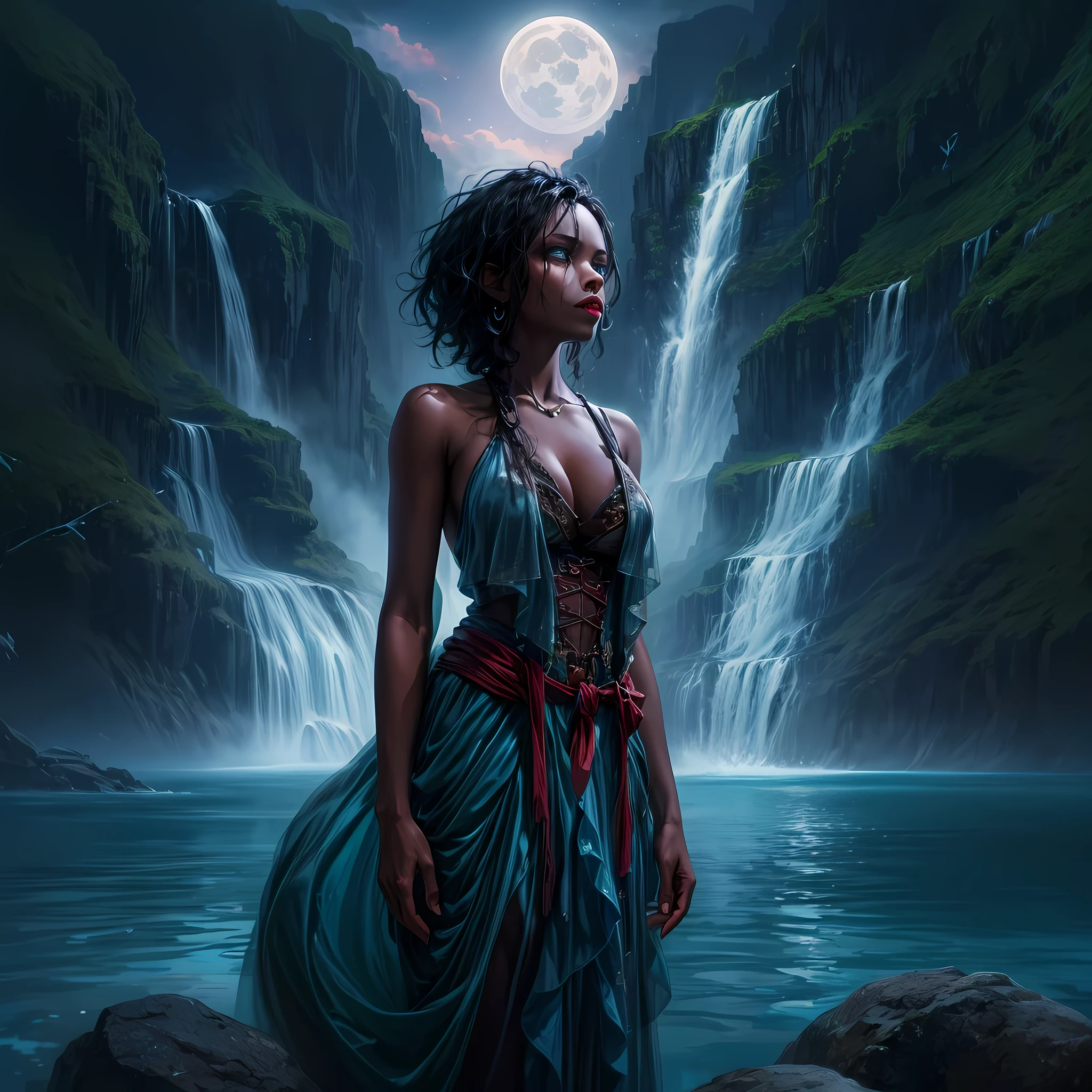 a picture of an exquisite beautiful female vampire standing under the starry night sky at the base of the waterfall, dynamic angle (ultra detailed, Masterpiece, best quality), ultra feminine, (black skin: 1.3), black hair, wavy hair, dynamic eyes color, cold eyes, glowing eyes, intense eyes, dark red lips, [fangs], wearing white dress (ultra detailed, Masterpiece, best quality), wearing blue cloak (ultra detailed, Masterpiece, best quality), long cloak, flowing cloak (ultra detailed, Masterpiece, best quality), wearing high heeled boots,  water coming down from a mountain, multi level water falls, several pools created in different levels, forming new waterfalls, water cascading into a pool steam rising, clear water in many hues of blue and azure falling, ultra best realistic, best details, best quality, 16k, [ultra detailed], masterpiece, best quality, (extremely detailed), ultra wide shot, photorealism, depth of field, hyper realistic painting, sky full of stars background, moon, bats flying about, high details, best quality, 8k, [ultra detailed], masterpiece, best quality, (ultra detailed), full body, ultra wide shot, photorealism, dark fantasy art, dark fantasy art, gothic art, many stars, dark fantasy art, gothic art, sense of dread, bloodmagic