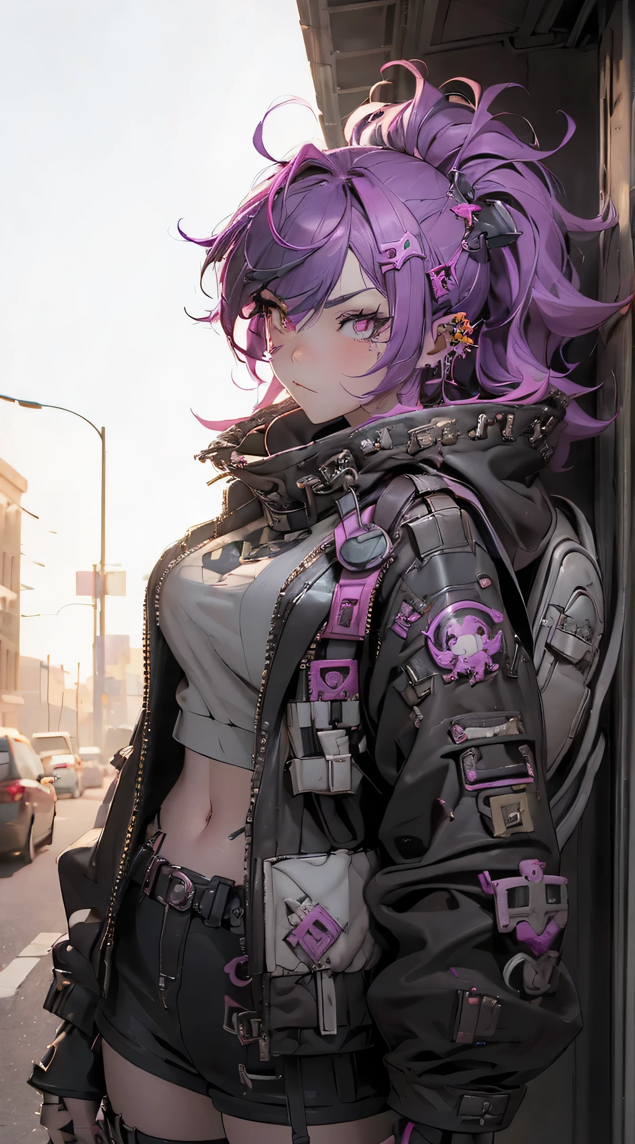 (highest quality、8k、32K、masterpiece、nffsw:1.3)、(Photoreal:1.4),(Low - Angle,looking at the viewer,1.5)18-year-old punk girl,quirky punk hair,decorated gas mask、((black and shocking red punk fashion 1.5)),clothes with studs、(pink hair.5),Wacky makeup、night city background,Glare of street lamps、Lens flare、written boundary depth,blurred background,,,,,,,,,,,,