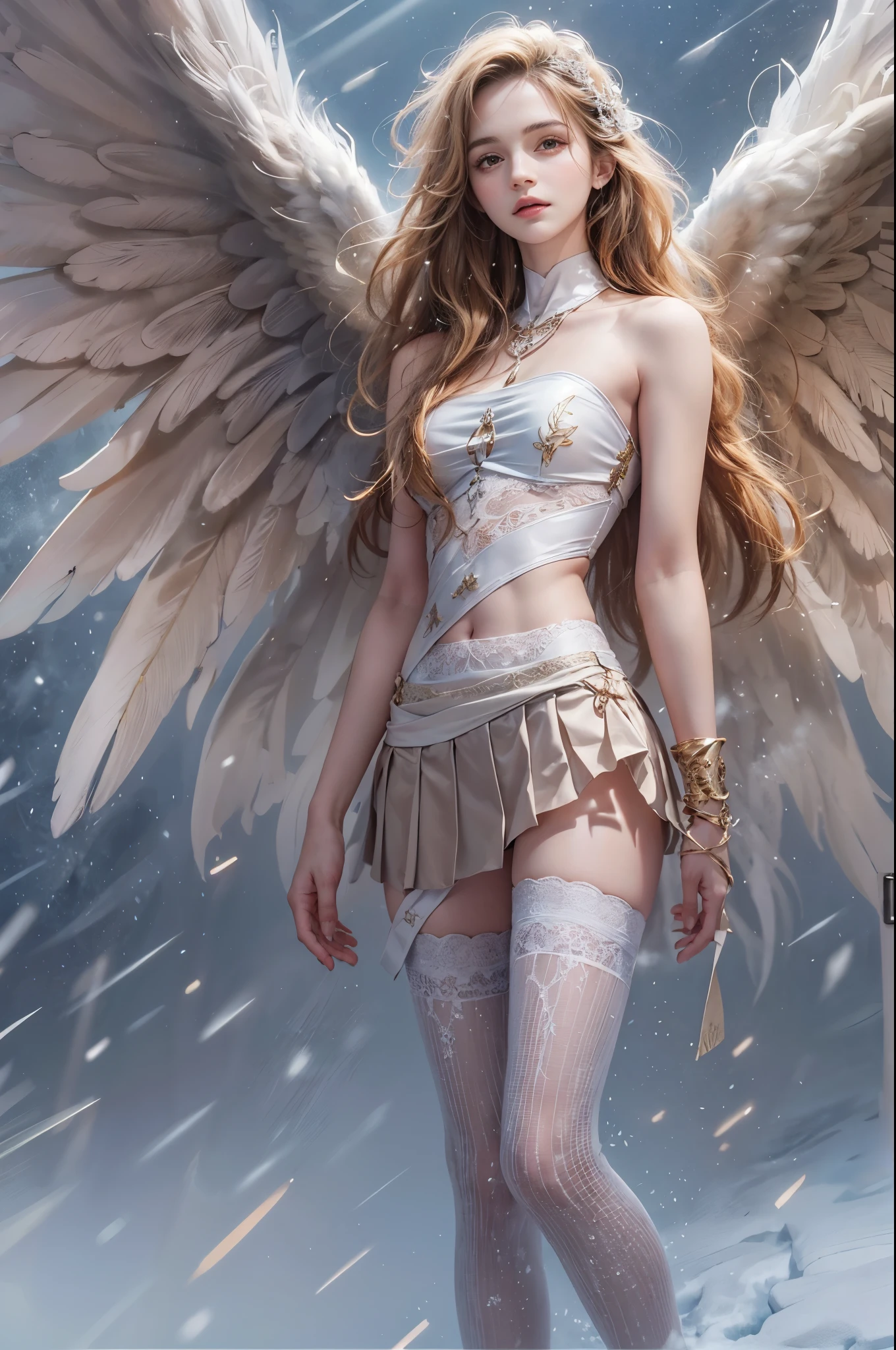 masterpiece, best quality, high quality, High definition, High quality texture, High quality shadow, high detail, beautiful detailed, finely detailed, extremely detailed cg, detailed texture, a realistic representation of the face, realistic, colorful, delicate, sharp focus, (intricate details, makeup, PureErosFace_V1:0.5), (detailed beautiful delicate face, detailed beautiful delicate eyes, a face of perfect proportion, high detailed skin, detailed skin, best ratio four finger and one thumb, skiny and thin:1.3), 1girl, 17 years old, tall, (smooth_abs:1.55), (no_abs:0.5), (((showing abdomen))), (((tummy))), pretty, masterpiece, highres, (long_skinny_legs), (straight_legs), (skinny_waist), (((fair skin))), white skin, (((pale skin))), (Emma_watson), big_breast, (((Caucasian))), (((European))), Light blonde hair, orange Bandeau, orange short pleated skirt, standing legs apart, looking at viewer, full body, portrait of cute blonde girl, (((angel with wings))), (outside，Heavy snowfall, Cover with snow), (frontal light), (((studio light))) ((crop top)), showing abdomen, showing abs, snowfield, bloom, white fog, motion, wispy hair, realism, high-quality rendering, stunning art, high quality, film grain, Fujifilm XT3, dreamy, (((skinny thigh, thin thigh, narrow thigh)))