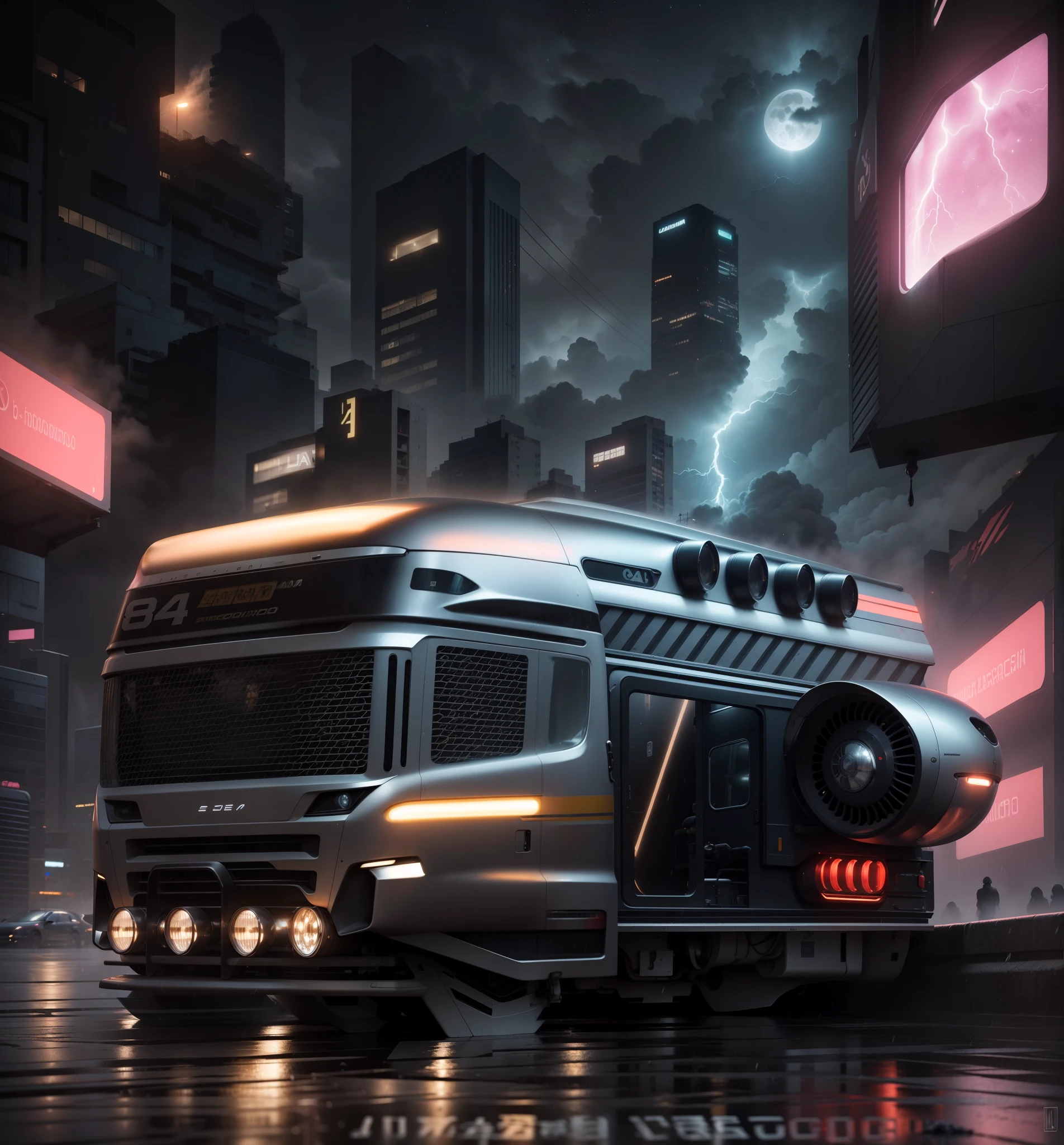 Um imponente Hover Bus preto, reluzente sob a chuva, Cut through the fog with your headlights on. A rua abaixo, taken over by retrofuturistic Japanese buildings, brilha com reflexos luminescentes. The damp fog intensifies the streetlights, creating an ethereal halo around the futuristic vehicle. Ao fundo, a lua surge por entre as nuvens carregadas, casting a pale glow over the scene. Lightning and lightning tear the night sky, adding a dramatic touch to the landscape.
