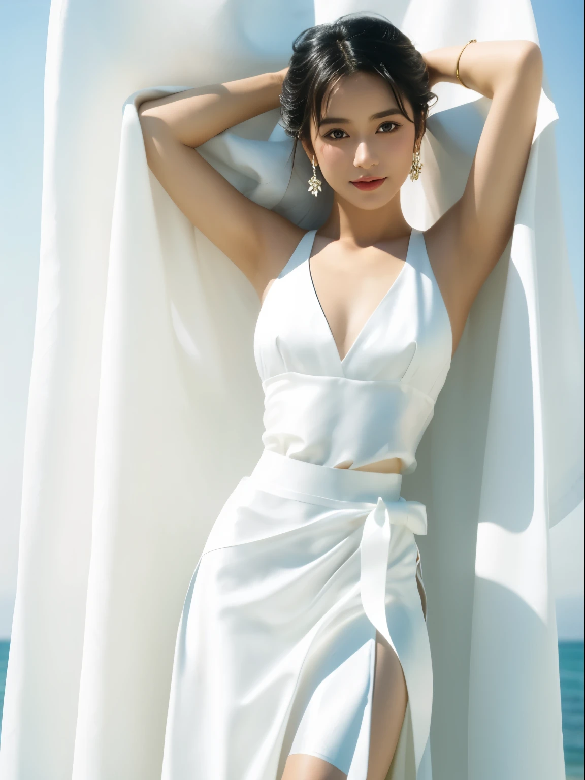 arafed woman in a white dress posing for a picture, a picture inspired by Herb Ritts, tumblr, arabesque, white skirt and barechest, exquisite and smooth detail, wearing white skirt, white skirt, white loincloth, white sarong, opened dress, exposed waist, white silky outfit, long skirt, wearing white silk, revealing clothes