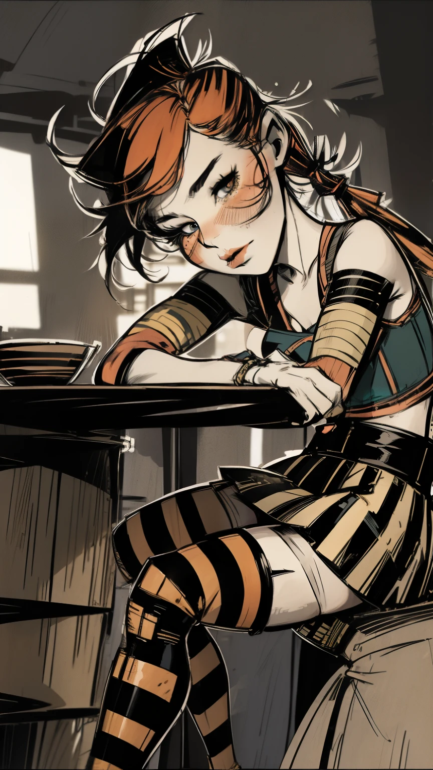 gaige , solo focus, solo female, short wild ginger hair undercut pigtails, robotic arm, skirt, (striped stockings:1.2), punk, gigapixel image, photorealistic, detailed, beautiful, feminine face, perfect anatomy, bandage on cheek, bar countertop, sitting, legs apart, nsfw, panties