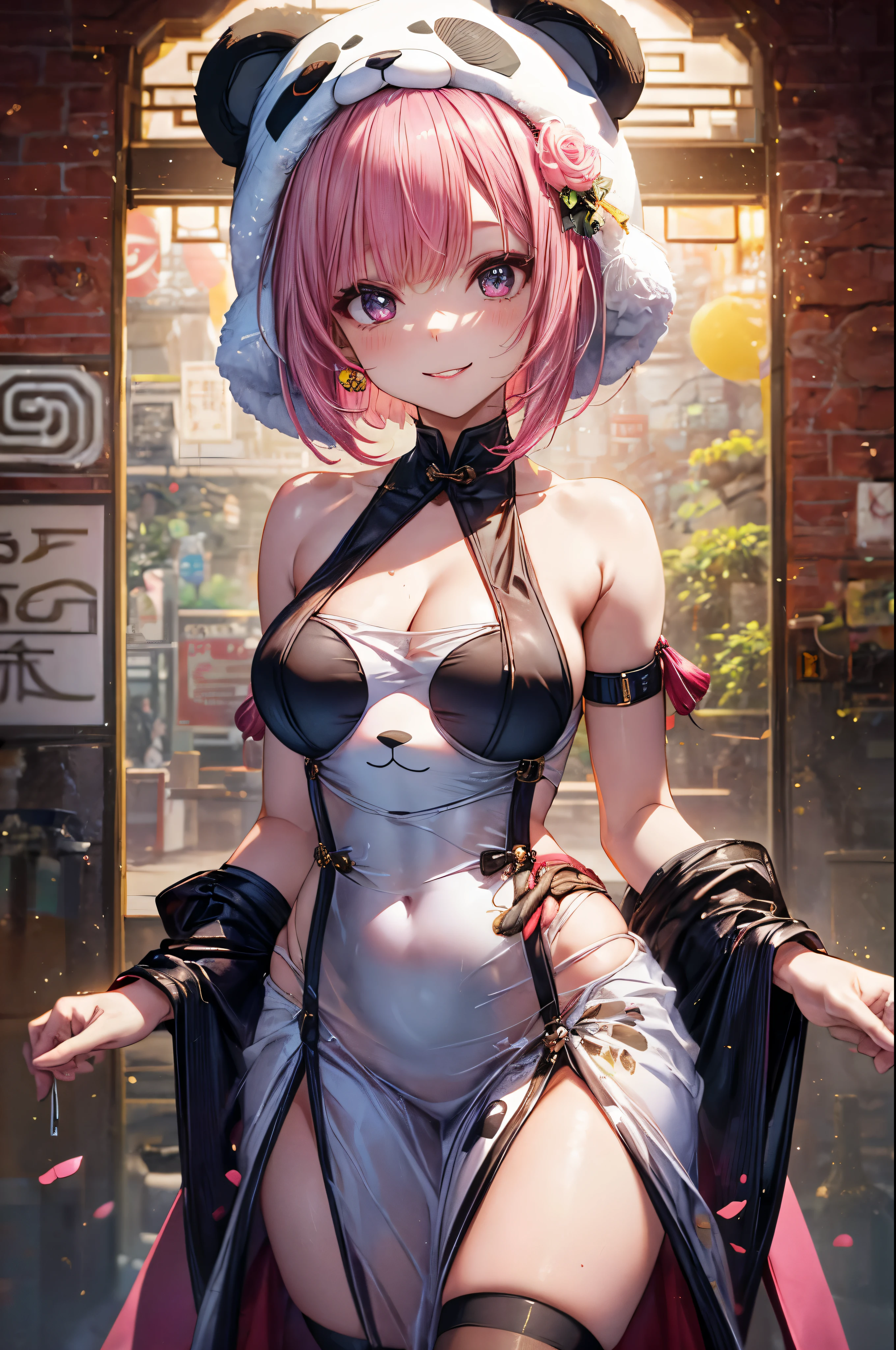 formal, ((A woman wearing a panda costume)), Beautiful woman wearing a panda costume, (looking at viewer), break, sexy, ((solo)), (1 woman), ((25 years old)), ((highest quality)), ((masterpiece)), (familiar), skindentation, perfect face, 8k , (cowboy shot), break, short hair, ((pink hair1.5)), bob cut, black eye, beautiful princess, smile, metallic costume, medium breasts, perfect limbs, (visible nipples:0.7), sexy,