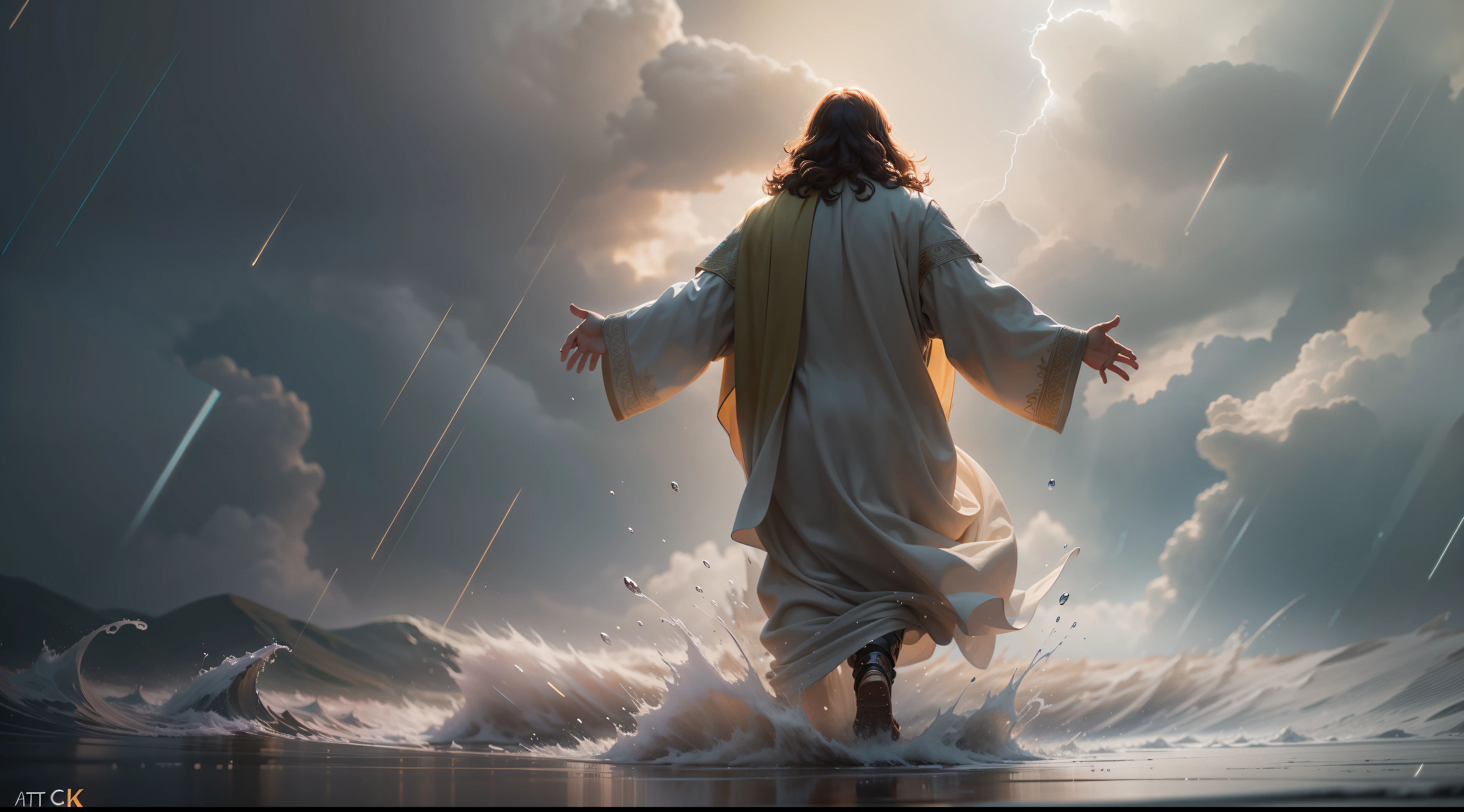 Jesus walking on water in a storm, obra de arte, melhor qualidade, alta qualidade, extremamente detalhado CG unit 8k wallpaper, fotografia premiada, bokeh, profundidade de campo, hdr, florescer, Chromatic aberration, fotorrealista, extremamente detalhado, trends on Artstation, trends at CGSociety, intricado, Alto detalhe, Dramatic, arte no meio da viagem, volumetric lighting