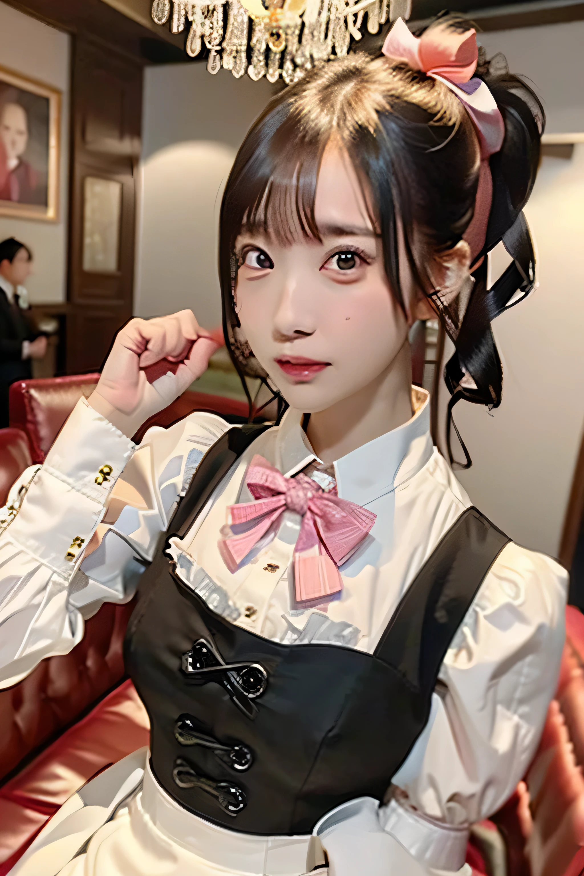 (8k, RAW photo, highest quality, from below:1.2, masterpiece:1.2, genuineistic, ultra high resolution, high contrast, photon mapping, genuine, Super detailed, official art, RAW photo, chic light, dim atmosphere, High-definition CG, unity 8k, ((highest quality, 8k, masterpiece: 1.3)), Snazzy, Chandelier Light), Super detailed, where(luxury bar), when(night), who:(maid),( brown ponytail, Pink Ribbon Hair Clip, Snazzy黒のmaid服, pink bow tie, Snazzy白いレース模様のついたブラウス, pleated skirt), what( pose in a fun and attractive way),