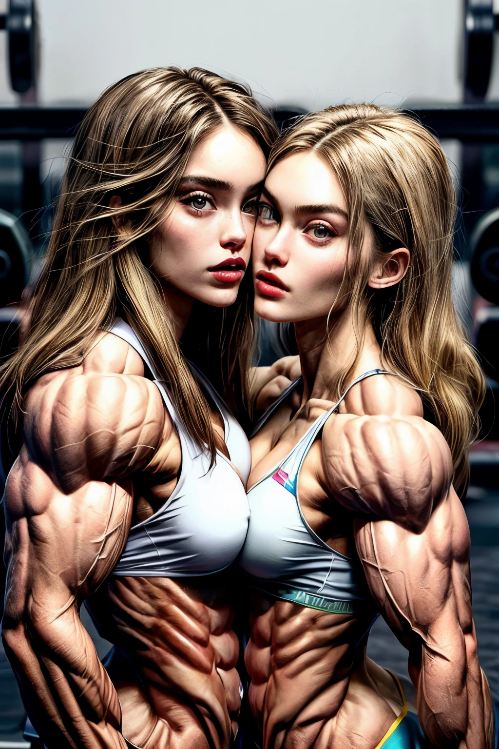 (2 girls body builders:1.6), ((masterpiece)), best quality, ultra-detailed:1.7, finely detail, high resolution:1.6, perfect dynamic composition, beautiful detailed faces:1.77, blonde babes:1.88, perfect red lipstick, perfect makeup:1.8, short denim bikini , large breasts:1.4, lovely look:1.7, gorgeous face:1.6, defined muscles:1.4, beautiful faces:1.8, alessandra ambrossio, izabel goulart, Kate Upton, Gigi Hadid, candice swanpoel ,popped out dense veins on muscles:1.8, hyper detailed picture:1.4, 8k resolution: 1.7, flex muscles:1.3, hyper muscular body shape:1.42, photorealistic:1.5, realistic:1.6, face masterpiece:1.74, good and professional lighting on picture:1.38, Ukrainian-Moroccan muscle beauty goddess, masterpiece 22 years old Ariana Grande and Madison Beer as bodybuilders, extremely high resolution, hyper feminine beauty , hyper realistic texture, hyper muscularity, hyper vascularity, ass of titanium, muscles of steel, ripped body shape, ripped sexy ass with bikini, muscular ass , topless, kissing, good face details, hyper face detailing, doing sex, super romantic moment, hyper romantic, romantic kiss, nude females, perfect symmetrical face, sexy french kiss with tongues, serious muscle posing, serious female bodybuilders