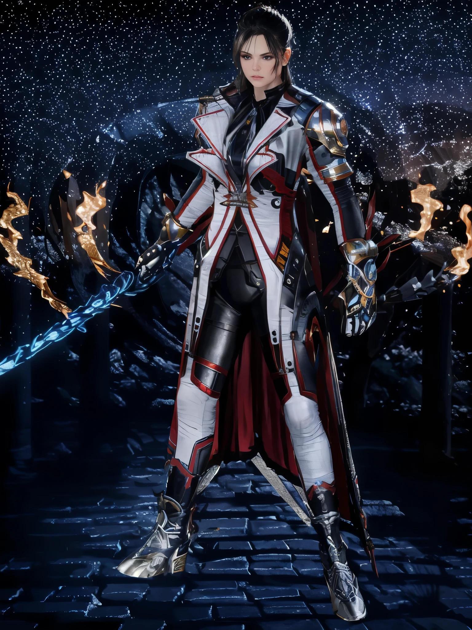 An ultra-detailed, high-resolution masterpiece depicting a female warrior with realistic, photorealistic features. The warrior stands tall and confident, with piercing eyes and a determined expression. Her lips are beautifully detailed, adding to her captivating presence. She is dressed in intricately designed armor that showcases her strength and agility. The armor gleams with a metallic sheen, reflecting the surrounding light and hinting at its magical properties.