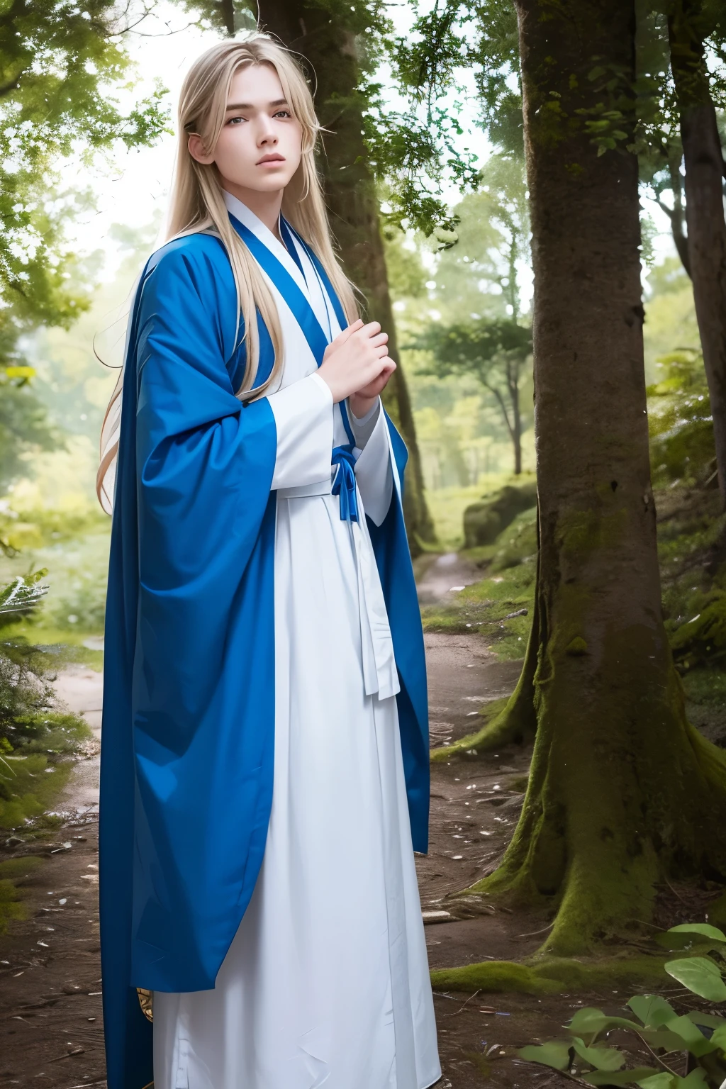 young boy European blond with long hair in the forest, in white and blue Chinese robes